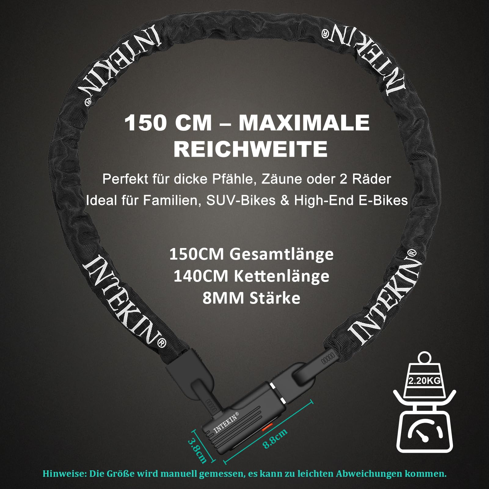 Catena Bicicletta da 150 cm, pesante Catena Bici Antifurto, Lucchetto a Catena in acciaio Temprato da 8 mm, Catena di Serratura per Moto, E-Bike, Recinzione, Cancello, 3 Chiavi
