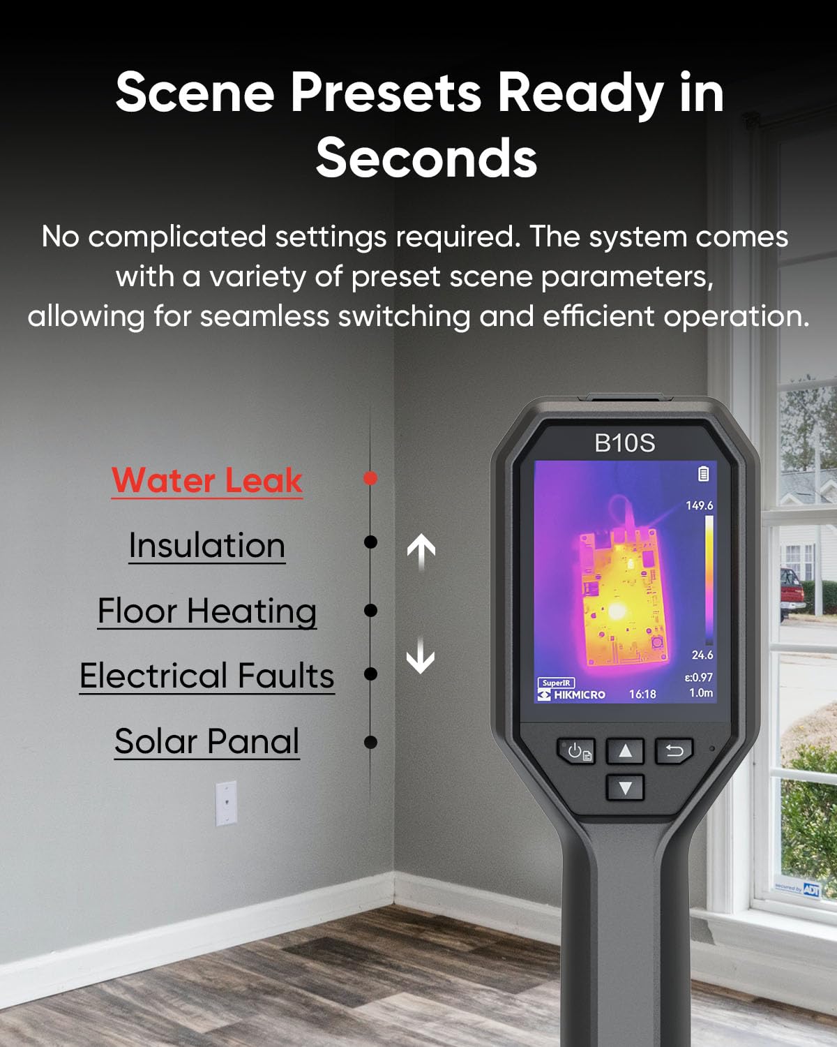 HIKMICRO B10S Thermal Camera displaying various scene presets like Water Leak, Insulation, Floor Heating, Electrical Faults, and Solar Panel.