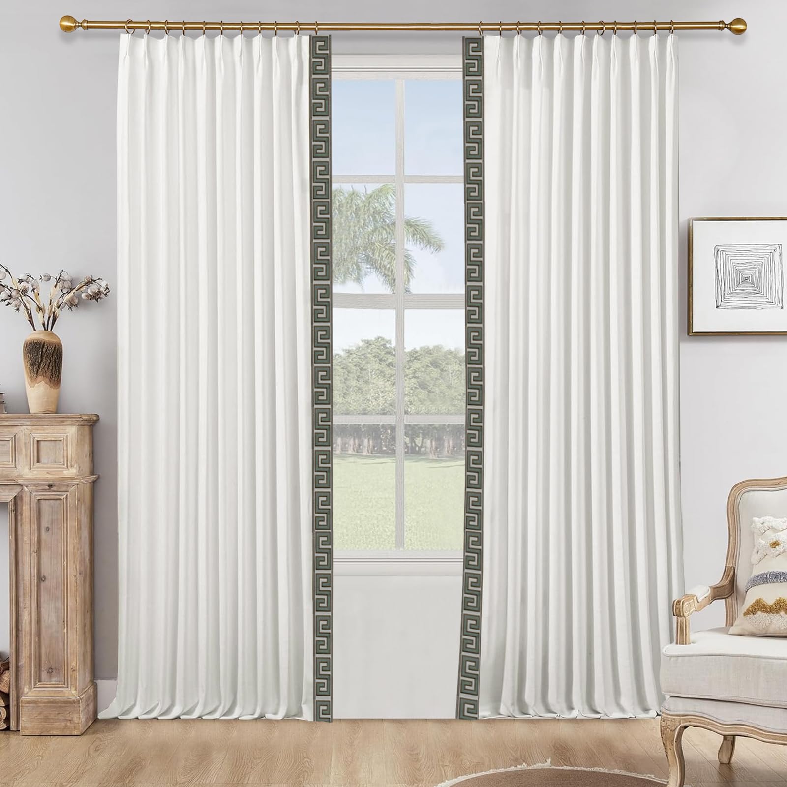 DotheDrape Blackout Linen Curtains, Heavy Weight Pinch Pleated Green S Tape Trim Curtains for Bedroom, Living Room, 72 Width 96 Inch Long, Beige White