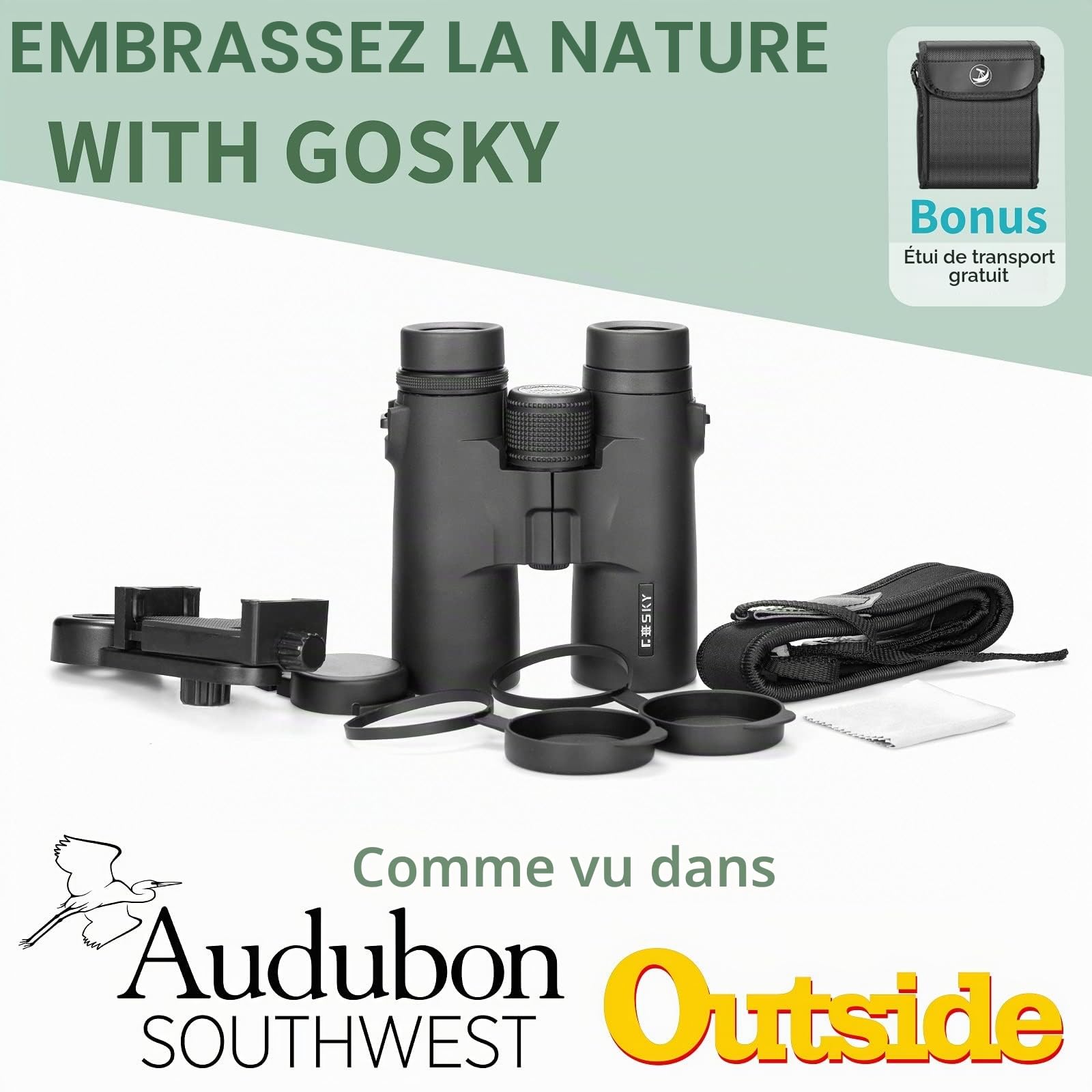 Gosky 10x42 Jumelles Adultes HD pour Observation des Oiseaux Étoiles Voyage Chasse Sport avec Adaptateur Téléphone