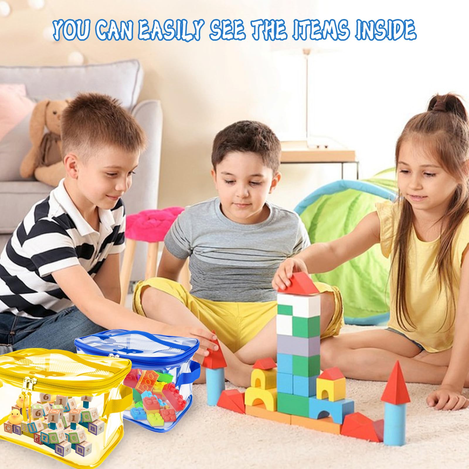 6 bolsas de almacenamiento de juguetes, bolsas de almacenamiento impermeables de PVC transparente con doble cremallera, contenedor con asa, bolsa de aseo de viaje reutilizable, organizador de juguetes