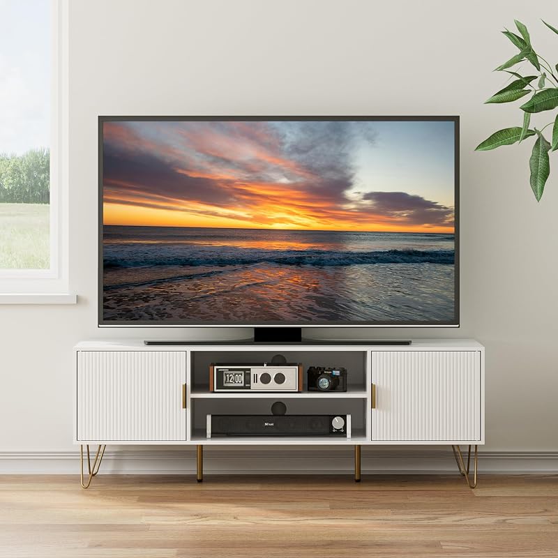 TV Stand for 55-65 Inch TV, Entertainment Center with Soft Hinge Door,TV Console Table with 2 Cabinets with Gold Handle and Feet,for Living Room, Bedroom, White image 4