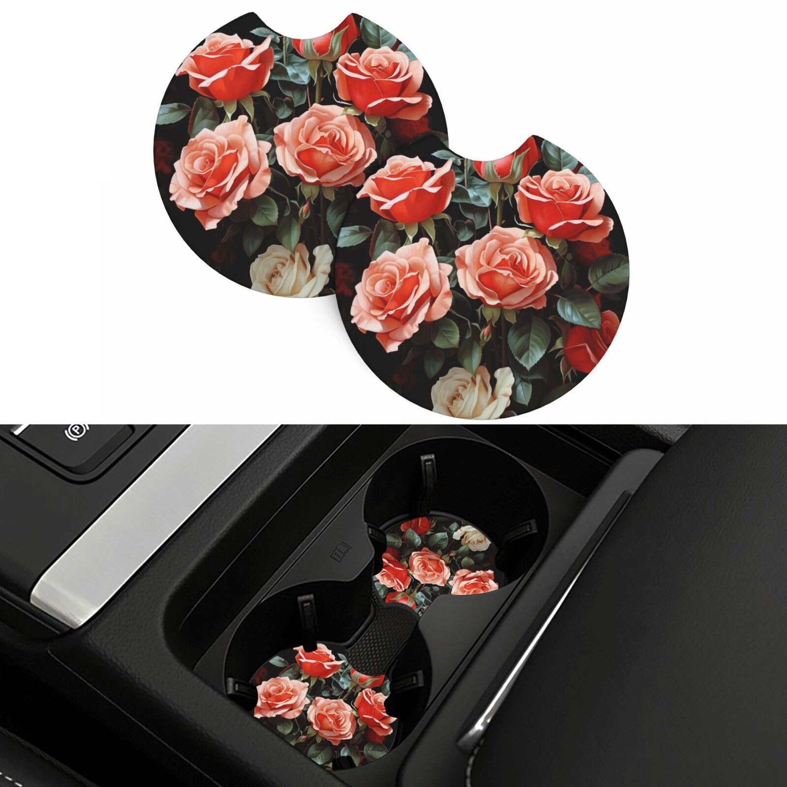 Beautiful Rose Gift Car Coasters 2 Pcs, Universal Non-Slip Rubber Car Cup Holder for Cup Holders, 2.75 Inch Neoprene Cup Pad Mat Coaster Car Interior Accessories for Women Men