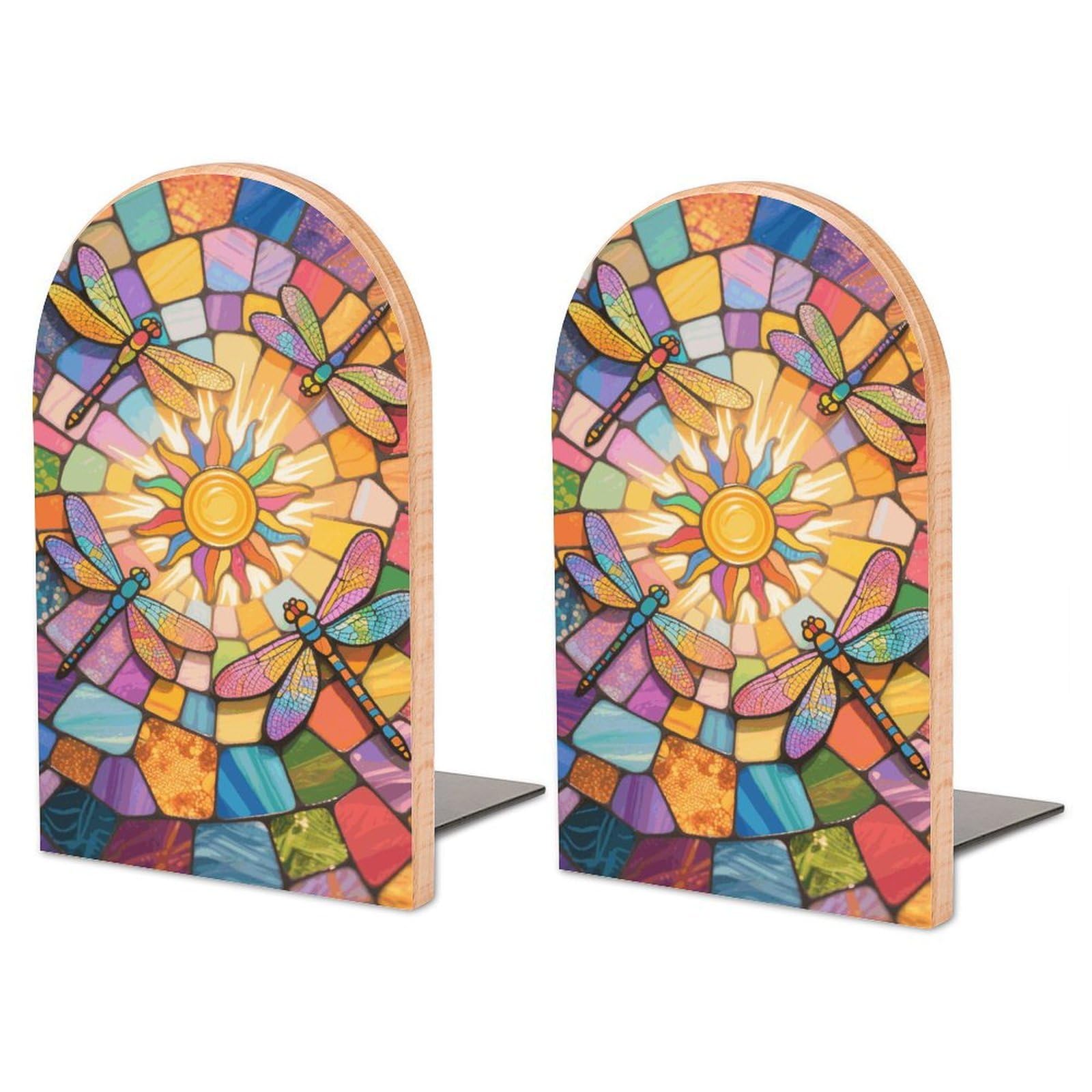 Sujetalibros decorativo de libélula en vidriera artística y madera premium, soporte elegante