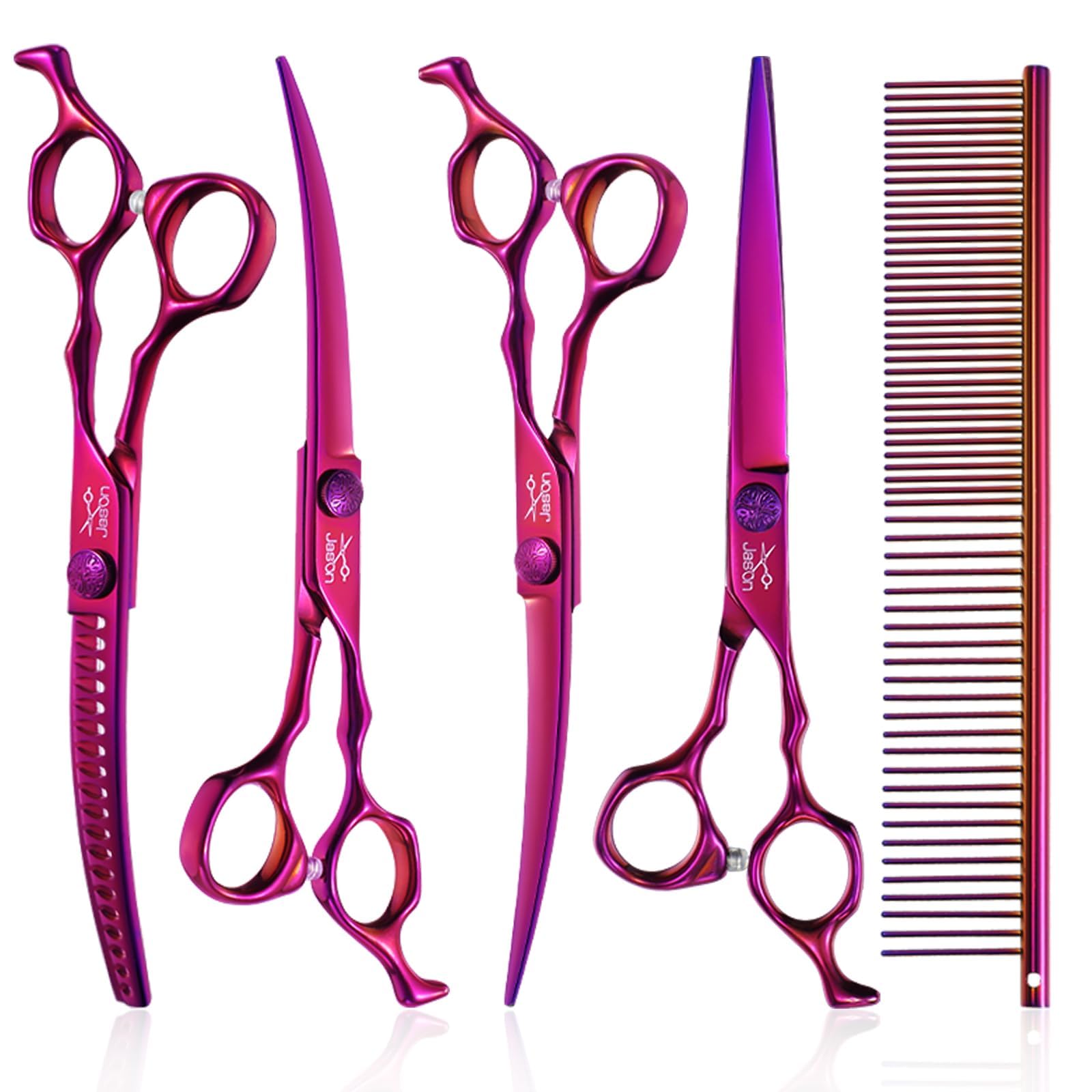 JASON Dog Grooming Scissors Set - Professional 6 in 1 Dog Shears Set - 7" Curved Chunker, 7" Straight, 7" Up-Curved, 7" Down-curved Scissors and Comb