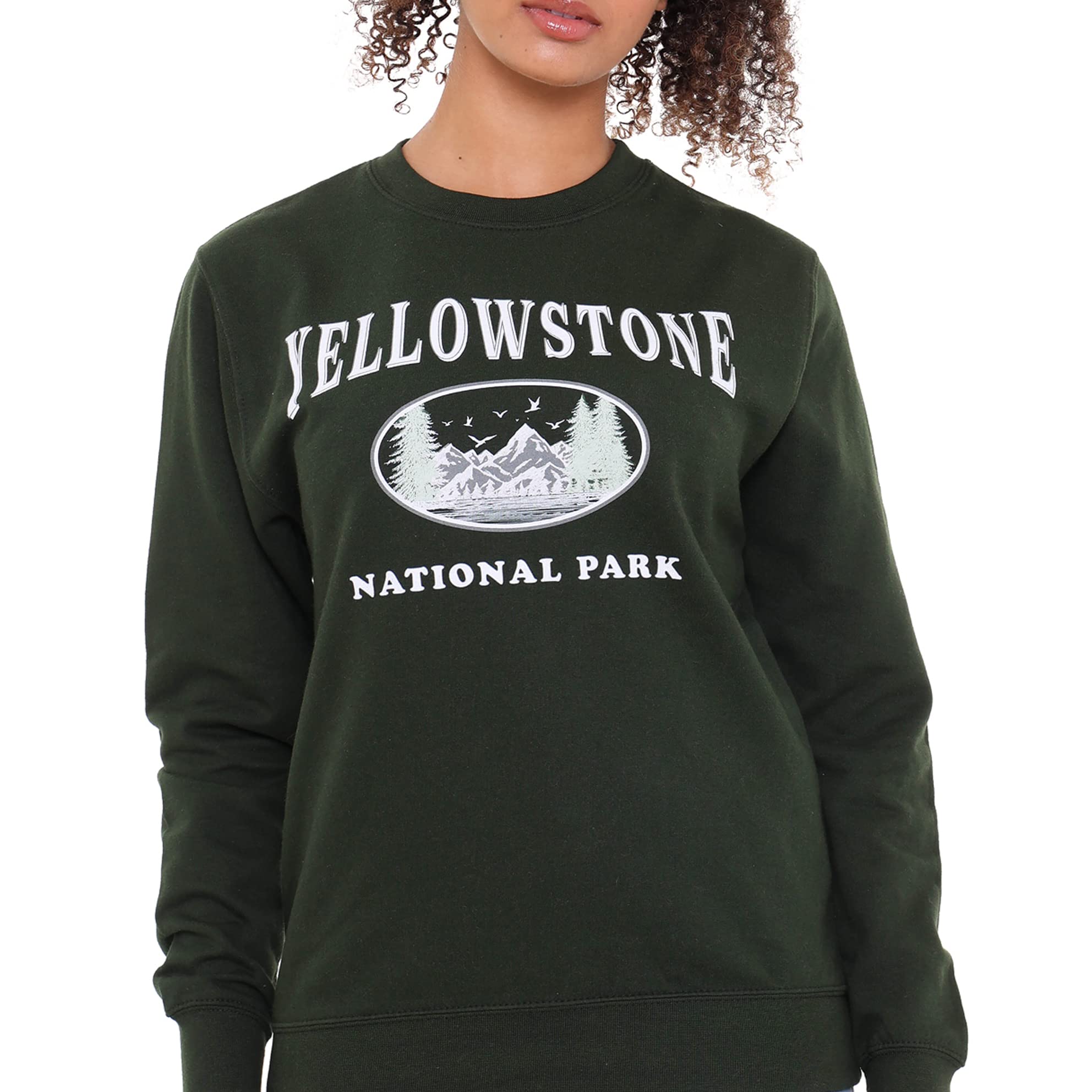 Cotton SoulNational Parks Yellowstone Womens Crew Sweatshirt, Forest Green