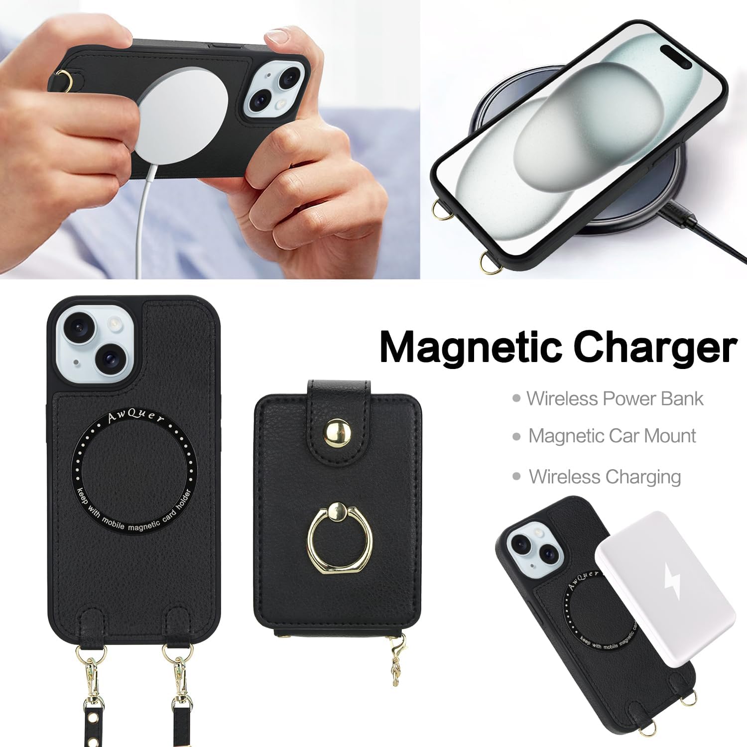 Phone Case for iPhone 13/14 6.1 inch Wallet Cover Detachable Screen Protector Ring Kickstand Crossbody Lanyard Strap Compatible with MagSafe RFID Blocking iPhone13 iPhone14 for Women Men Black