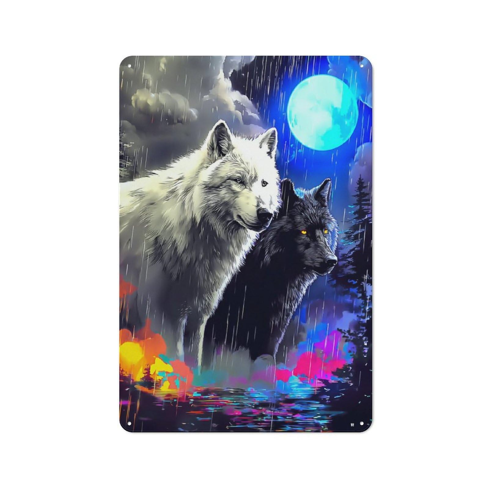Junmoney Night Wolves In Moonlight Tin Wall Plaque 30X20cm With For Café Or Restaurant, Suited To Restaurant Decor Fans