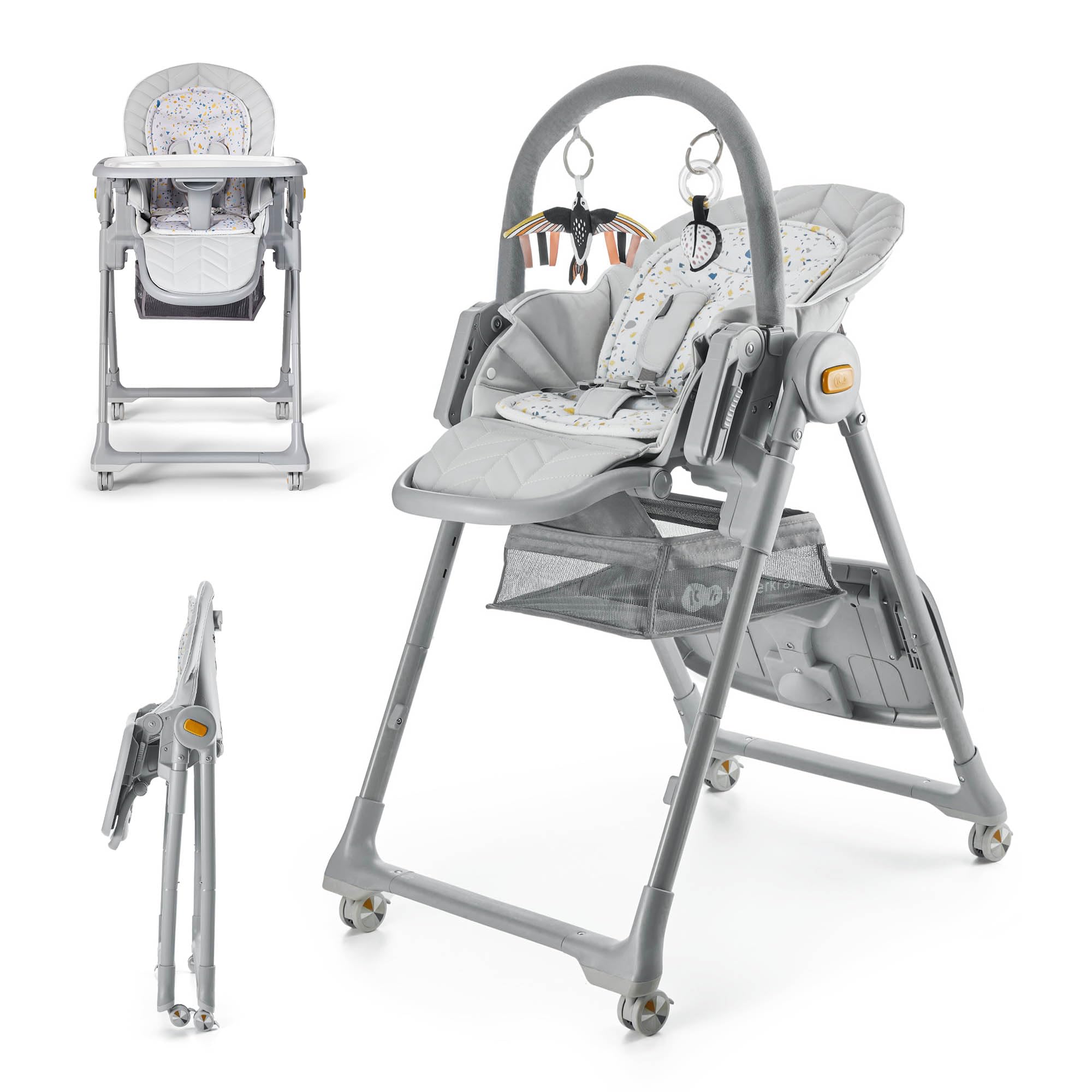 Kinderkraft LASTREE Foldable Baby High Chair for Babies and Toddlers with Reclining Function, Play Bar, Adjustable Tray and Footrest in Grey
