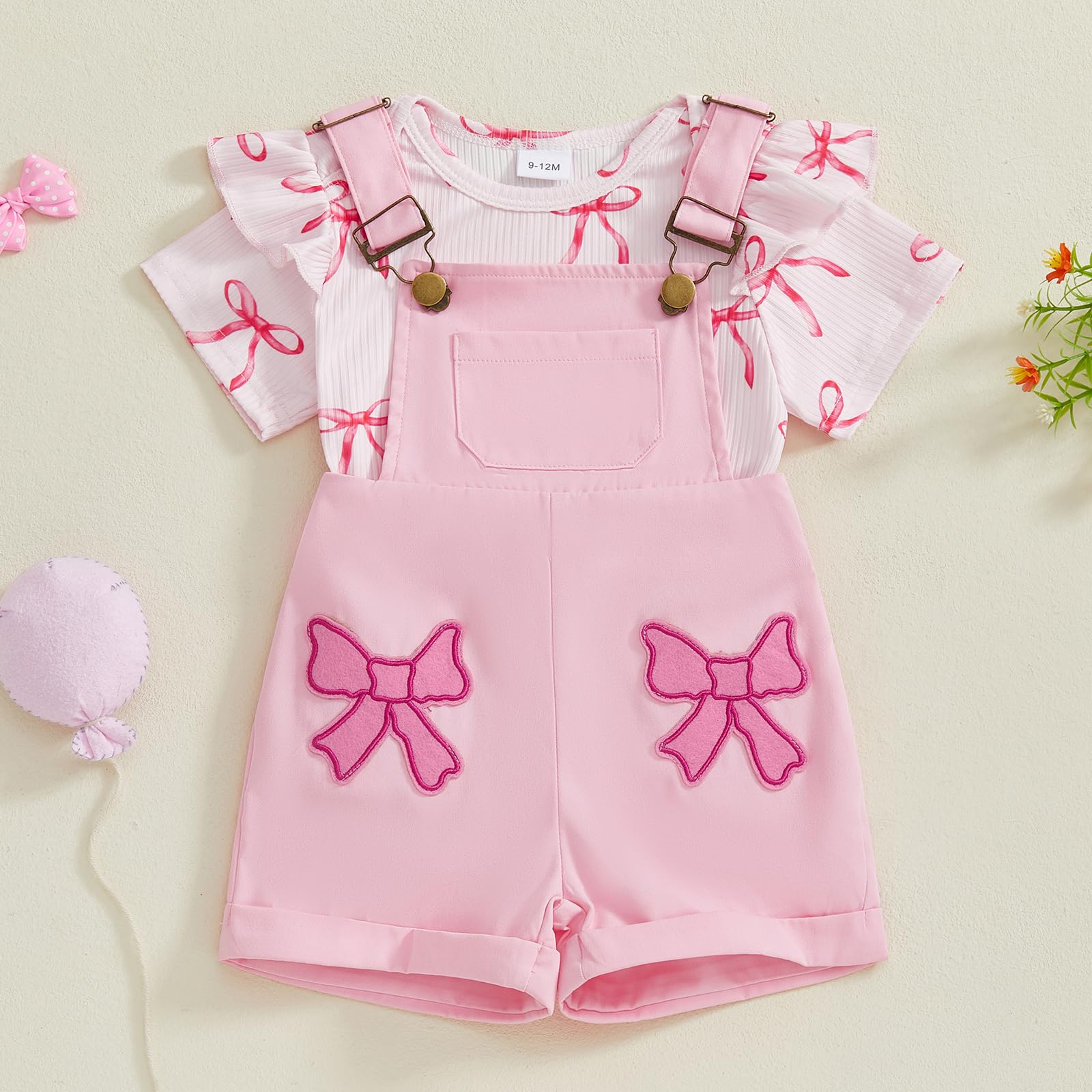 MAINESAKA Baby Girl Overall Clothes Bow Print Short Sleeve Ruffle Romper Suspender Shorts Set Cute Infant Summer Outfit (Pink, 9-12 Months)