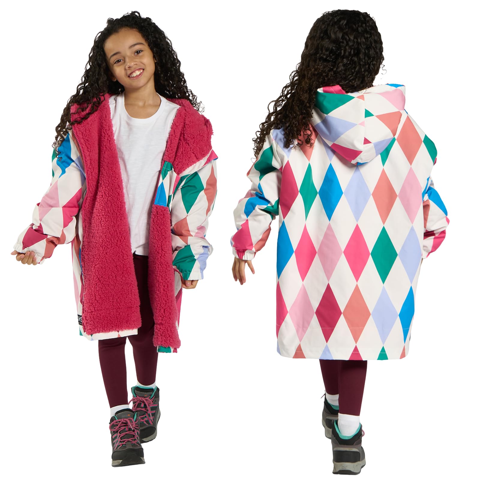 Ohs Unisex Kids Harlequin Waterproof Jacket Kids Changing Robe, Oversized Raincoat Lightweight Fleece Lining Dry Robe With Hood & Pockets Breathable Boys Girls Clothing For Beach Surfing Outdoor, Multi - S/M