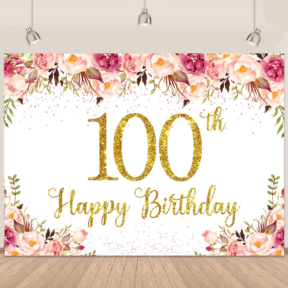Gold 100th Birthday Backdrop Banner Decorations for Women Pink Flowers Happy 100th Birthday Banner for Women Golden Glitter Party Decoration Background 7x5Ft