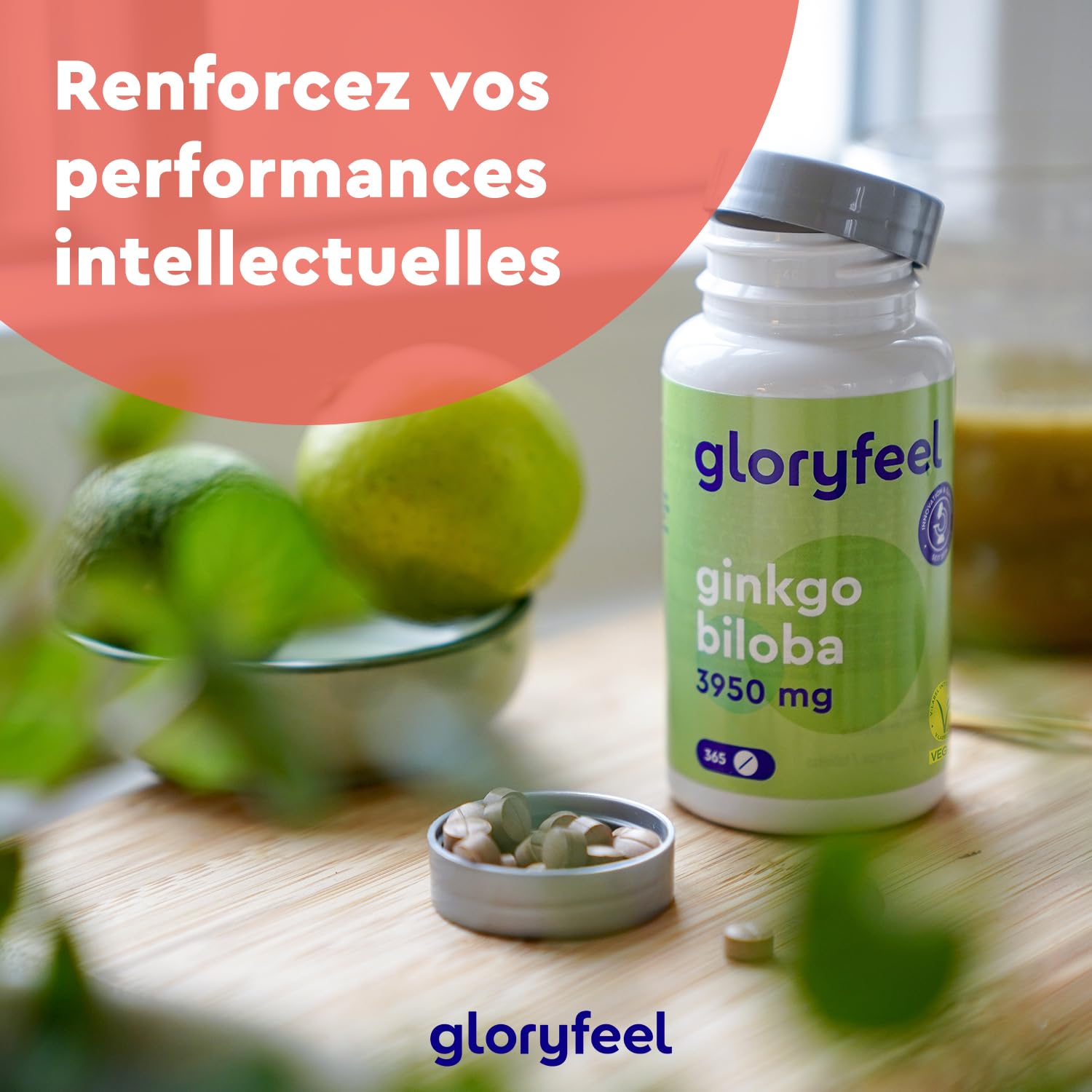 Ginkgo Biloba 3950 mg par Dose Quotidienne, 365 Comprimés, Premium Extrait de 50:1 Hautement Dosé, 19 mg de Flavonoglycosides + 4,7 mg de Lactones Terpéniques, 100% Végétalien et Sans Additifs