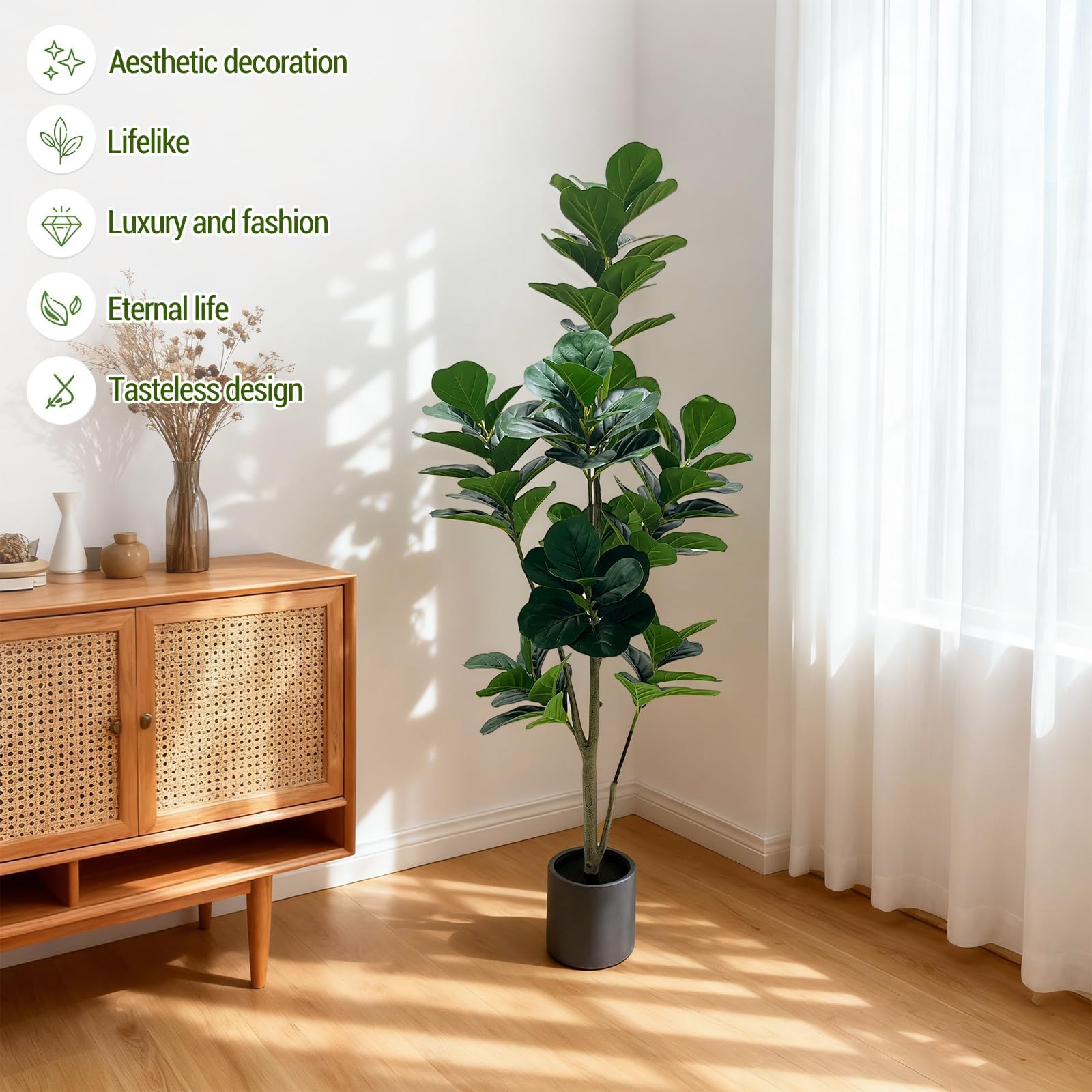 Ficus Artificiel150 cm, Ficus Plante Verte Artificielle Grande en Pot Gris Résistant avec Pierres Décoratives, Fausse Plante Intérieur Extérieur, Arbre Artificiel Décoration Salon Maison Bureau