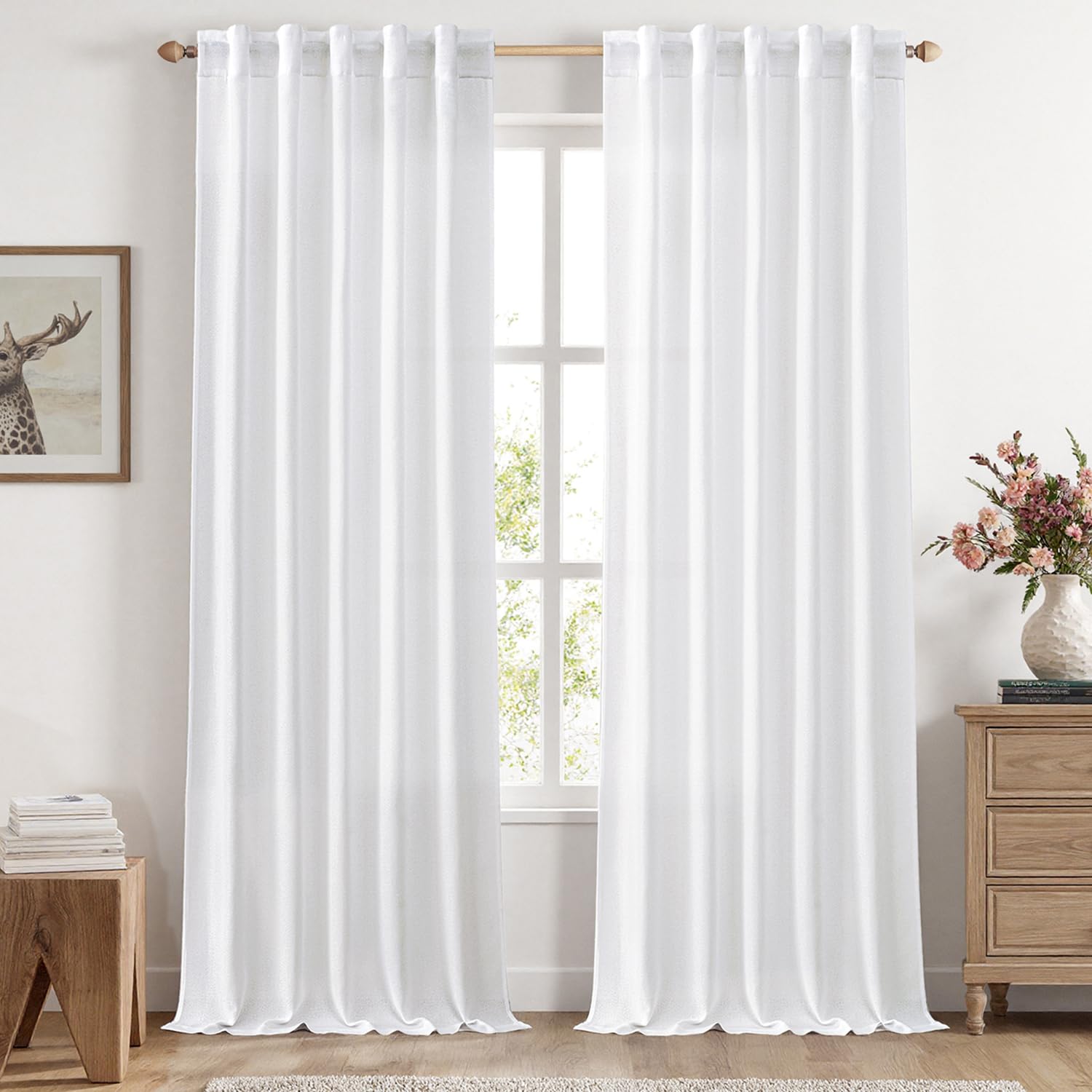 MIULEE Privacy Linen Sheer Curtains, Back Tab, 42W x 96L, White