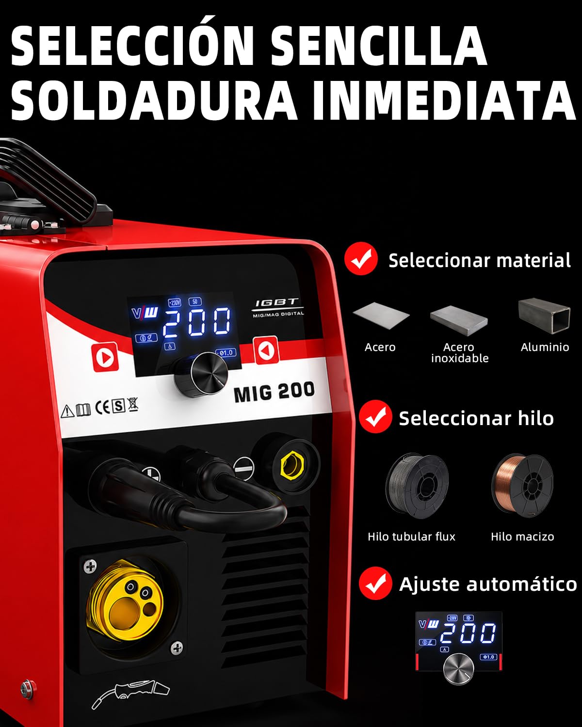 VECTOR WELDING Soldador MIG MAG 200A, Soldador de Hilo Inverter 4 en 1 | Gas MIG/Flux/MMA/Lift-TIG, Máquina de Soldar con Pantalla LED, MCU, IGBT, para Soldar con y sin Gas