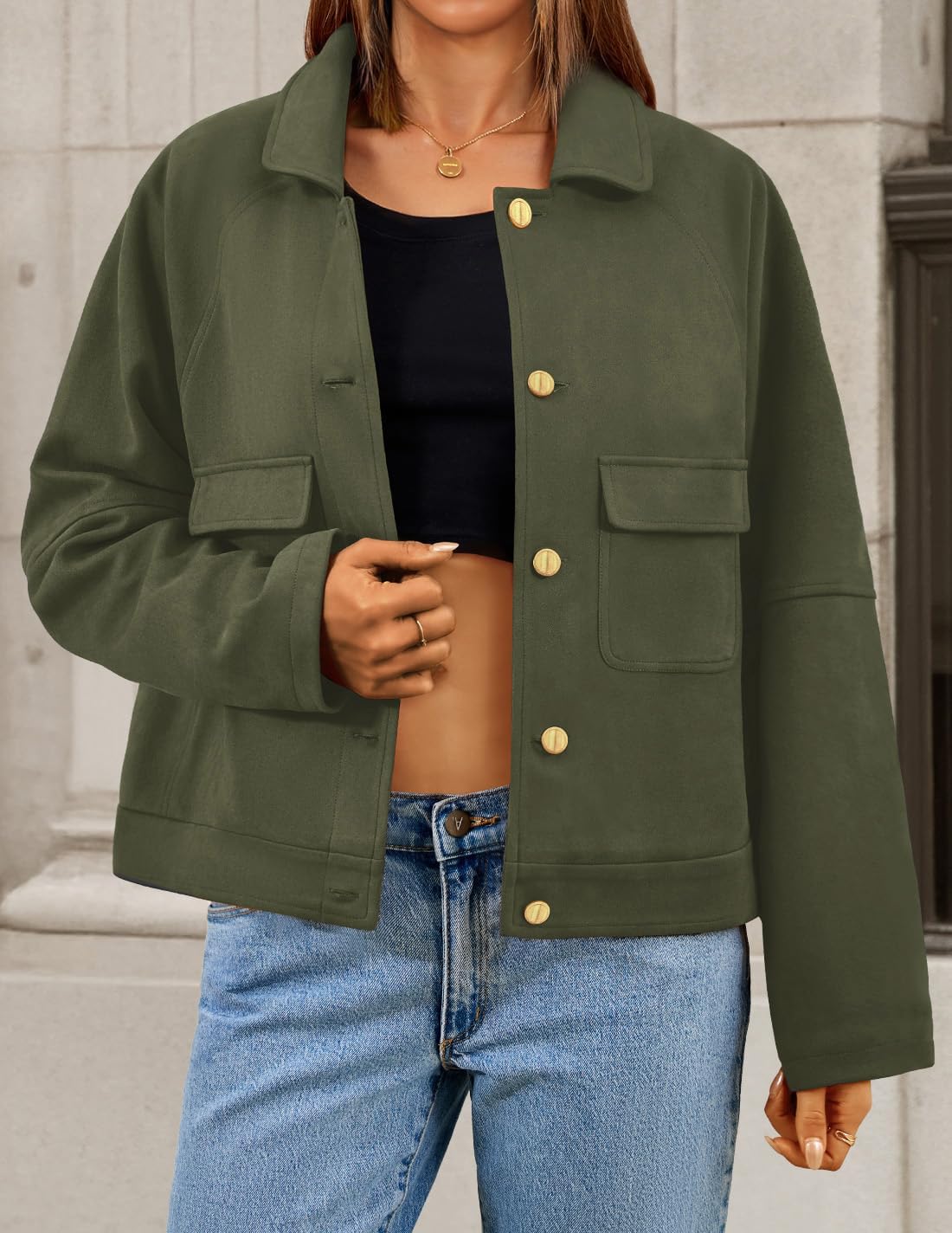 ZESICA Womens 2026 Spring Faux Suede Cropped Jackets Coats Casual Button Down Barn Vintage Trendy Shackets - Image 2