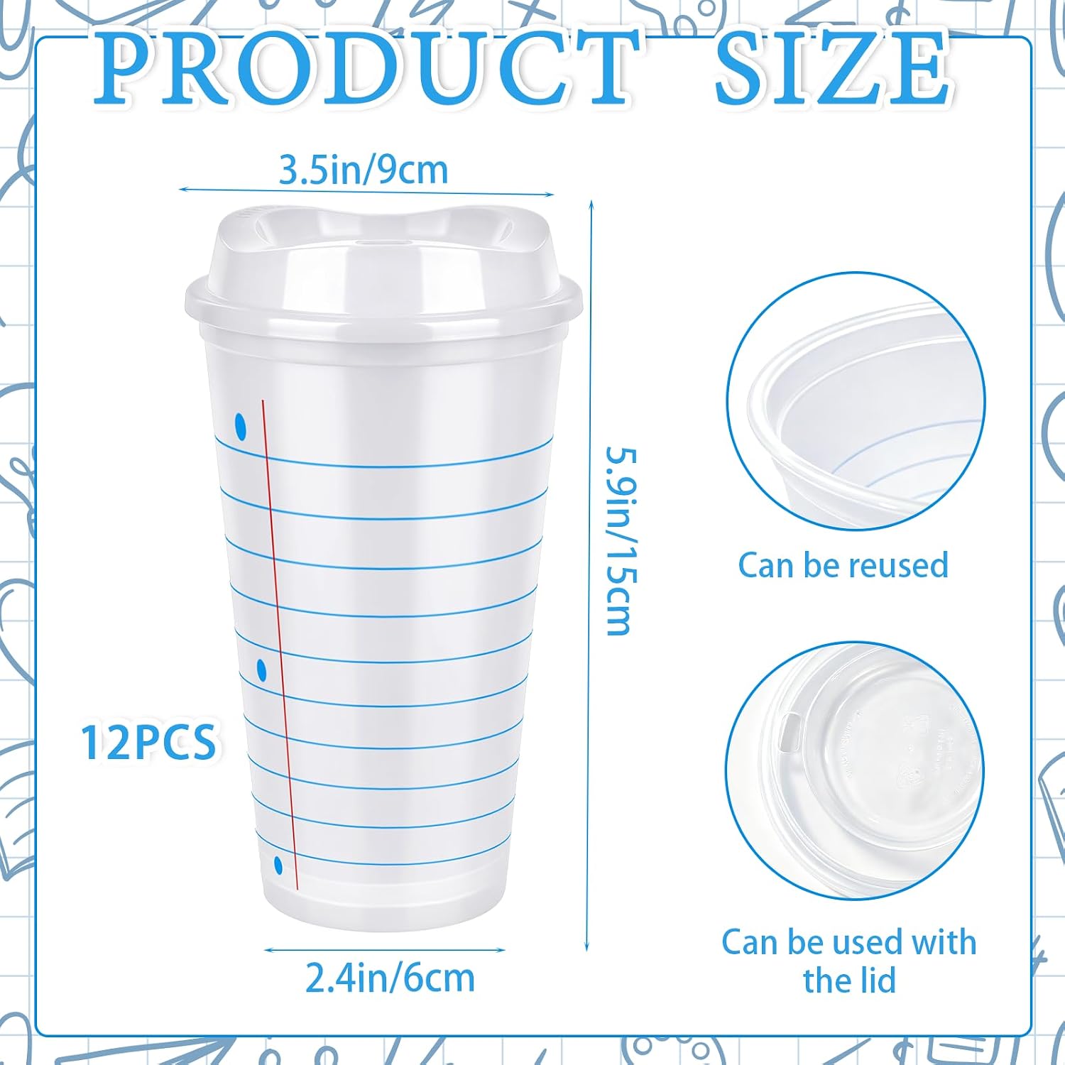 12 Pcs Back to School Plastic Cups with Lid Notebook Plastic Cups Bulk Reusable Plastic Coffee Tea Cups for First Day of School Party Supplies image 2
