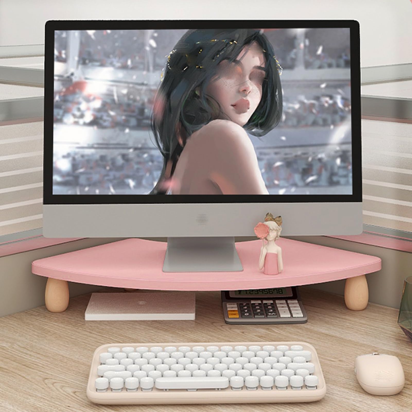 Support d'angle pour moniteur robuste en bois rose avec étagère de bureau intégrée