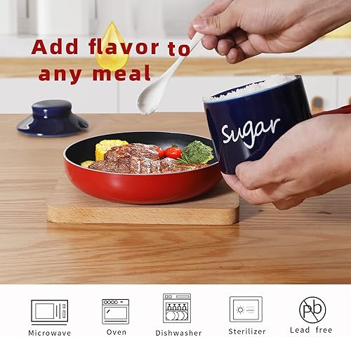 Miniatura 6 de ONTUBE Azucarero de cerámica con tapa y cuchara, olla de azúcar de porcelana, 8 onzas (azul marino)