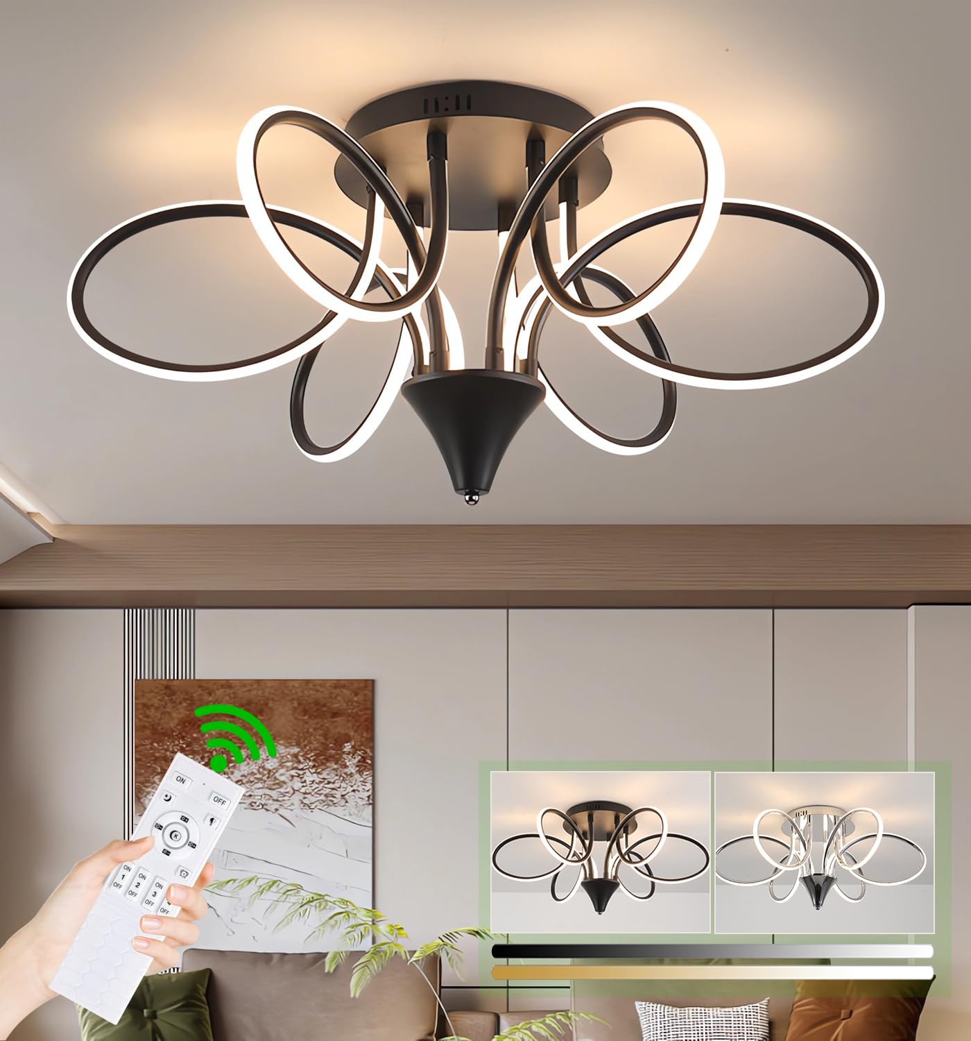 Nowoczesna lampa sufitowa LED 90W Nordic Oświetlenie sufitowe Możliwość przyciemniania Lampa sufitowa do salonu Żyrandol do jadalni z pilotem Sypialnia Wiszące światło sufitowe (Czarny, Φ75cm)