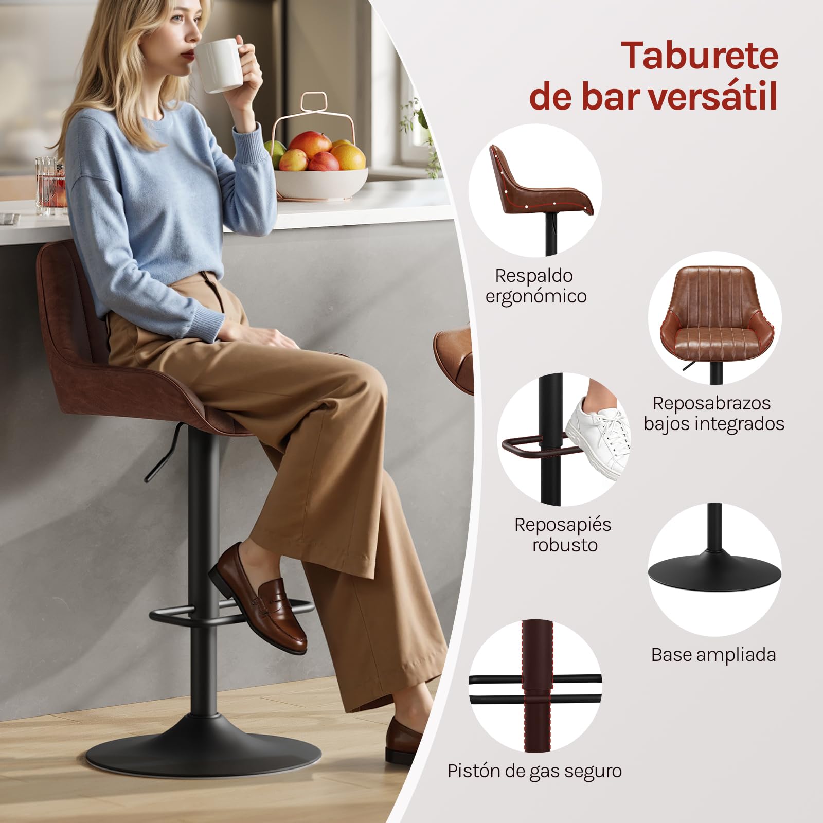 WOLTU Taburetes de Bar Giratorio en Piel Sintética Set 2, Marrón
