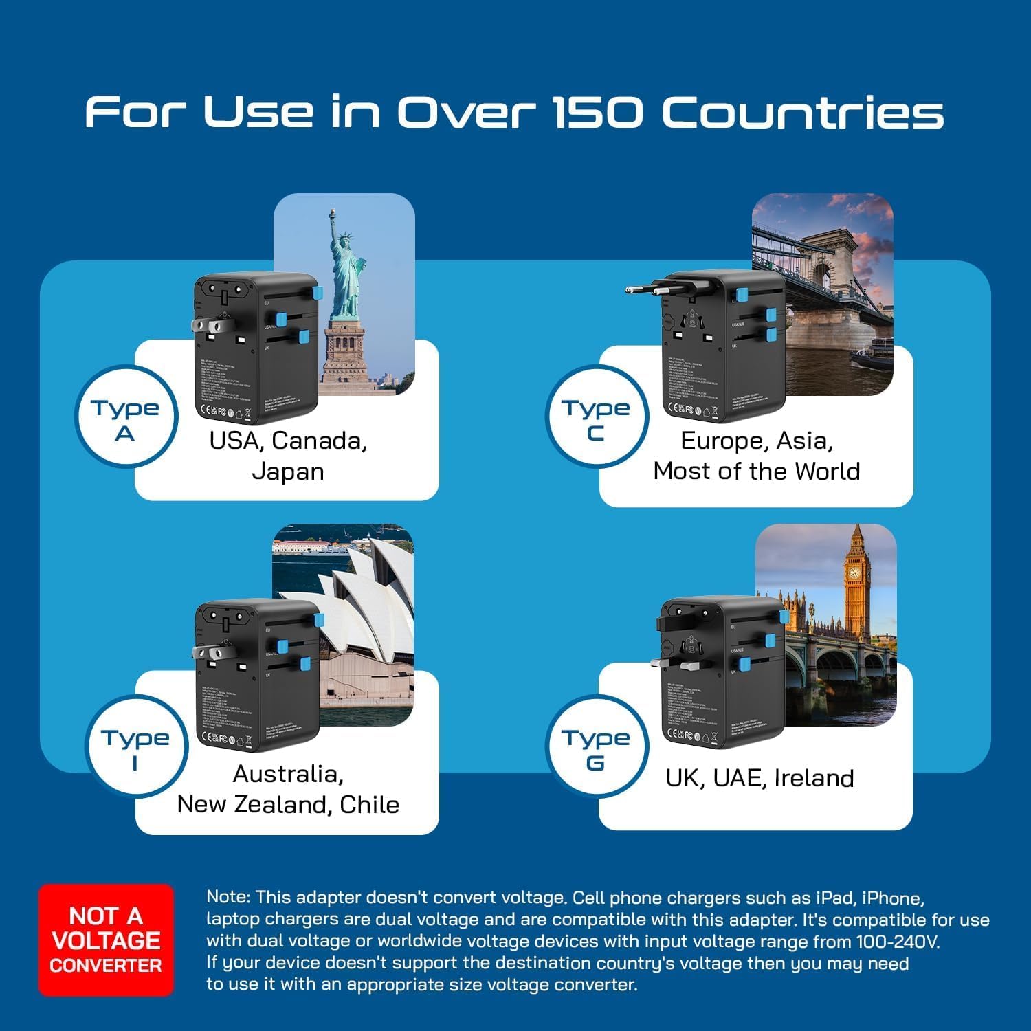 Ceptics GAN 100W Universal Travel Adapter with Retractable USB-C Cable, 2X USB-A & C, Universal Input and 1x USA/JP Input, 7 in 1 Universal Adapter for Worldwide Travel - Type A, C, G, I Output - Image 8