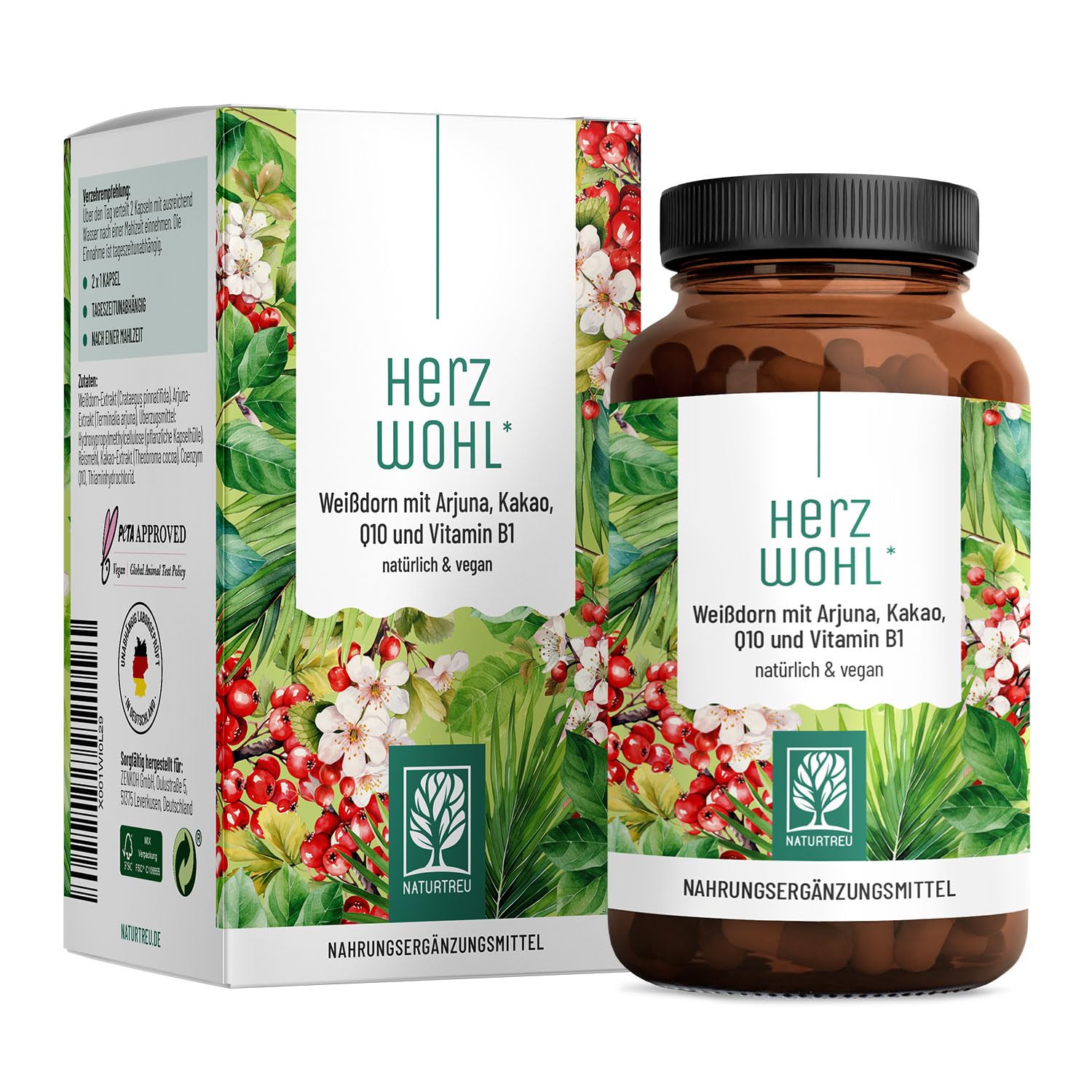 NATURTREU® Herzwohl mit hochdosiertem Weißdorn, Arjuna & Coenzym Q10 - Natürliche Alternative zu herkömmlichen Venenkapseln