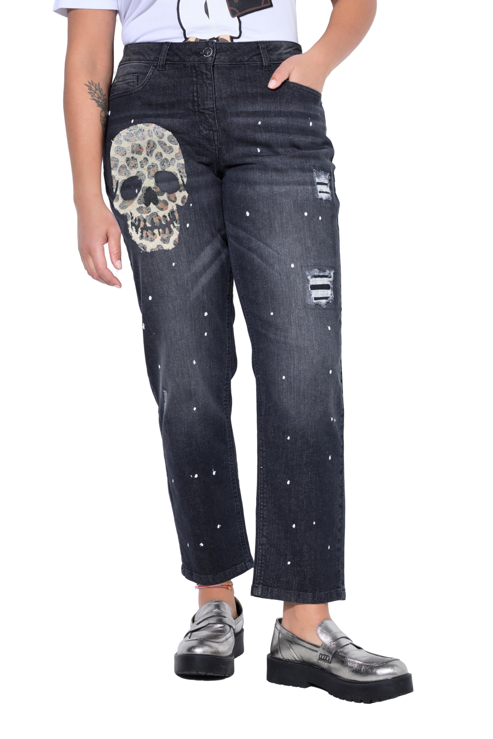 Angel of Style Damen große Größen Übergrößen Plus Size Boyfriend-Jeans, glitzernder Totenkopf, 5-Pocket 849250