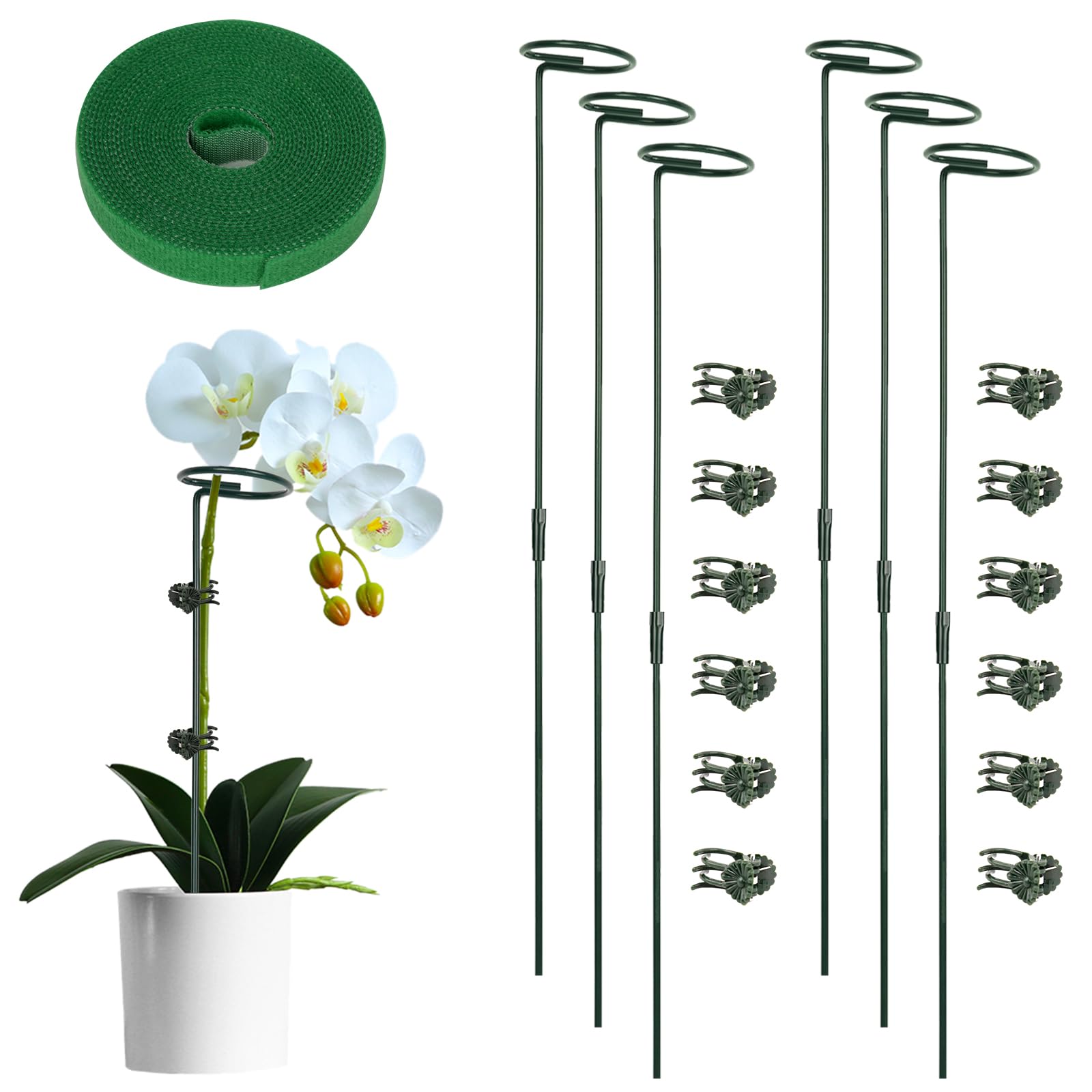 6 Packs Plant Support Sticks for Indoor Plants, Two Sizes (12 or 24 Inches) Adjustable Garden Stick, 0.18 inch Thicker Support Stake with Plant Ties and 12 Pcs Plant Clips for Flowers