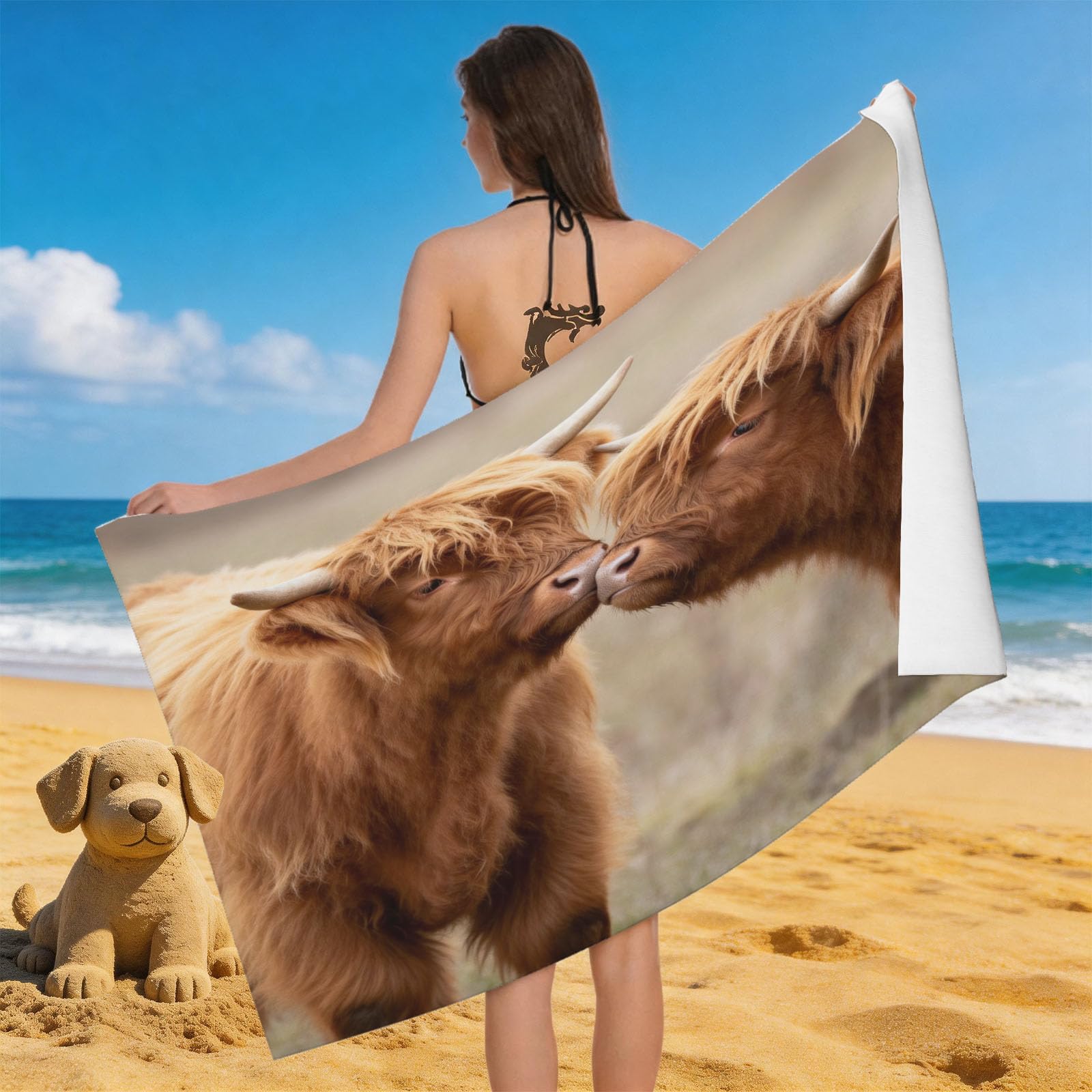 Leichong 3D Highland Cow Pattern Beach Towel Microfiber Soft Quick Dry for Adults, Farm Animal Bath Towel Lightweight Soft Absorbent for Travel Swimming Pool Sports, 75 x 150 cm