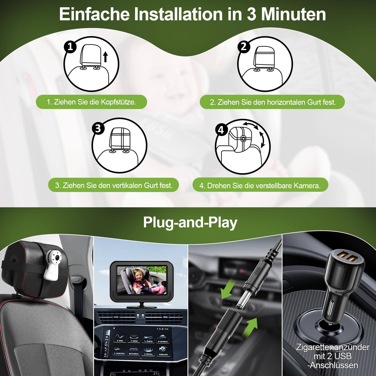 Baby Kamera Auto mit 4.3" Display, Spiegel auto baby rückbank 1080P,Babyautospiege mit HD Nachtsicht und 120°-Betrachtungswinkel,Auto-Babyphone einfache Installation Cigarette Lighter,Schwarz