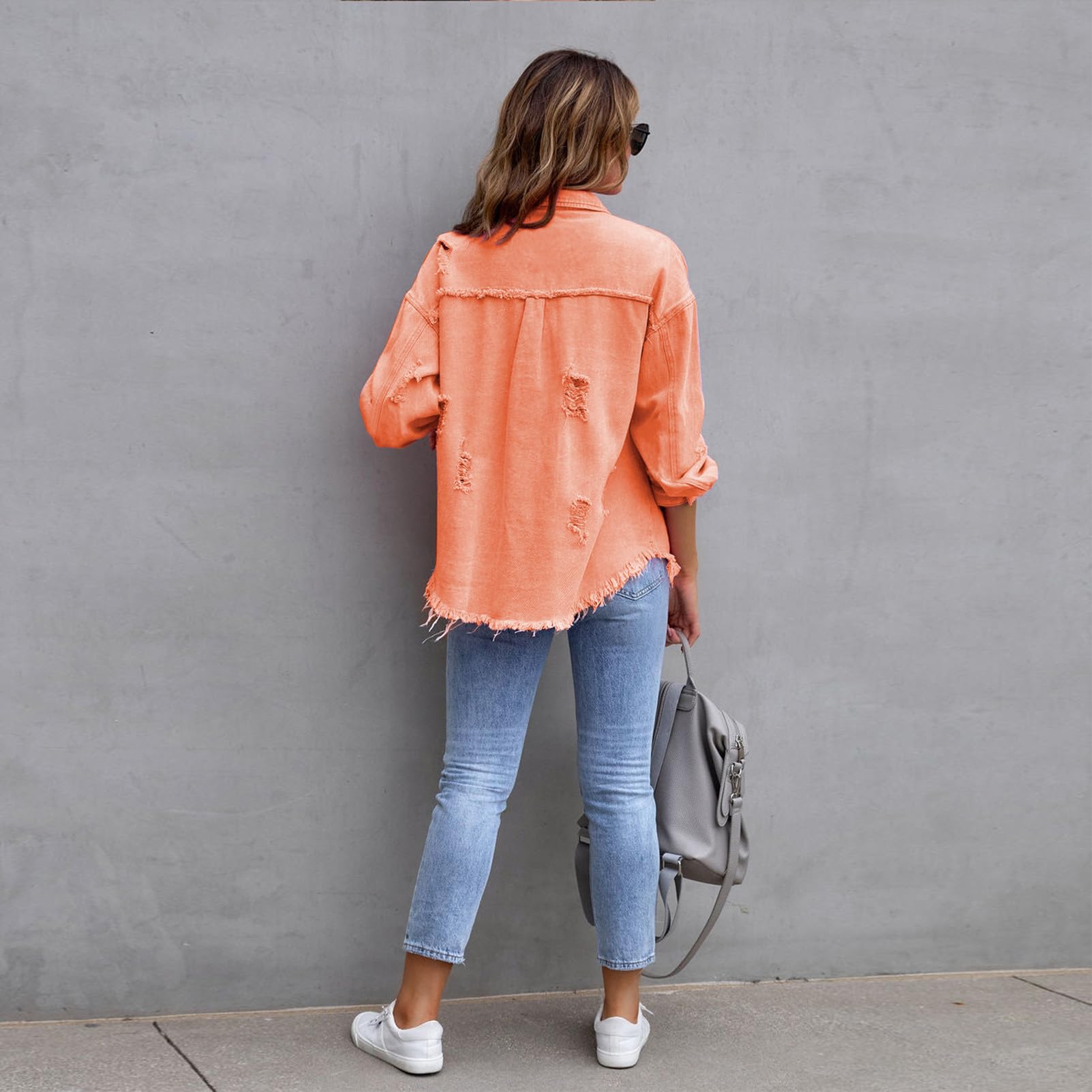 amropi Veste en Jean pour Femmes Chemisier en Denim Léger Blouson Ourlet Effiloché Jacket