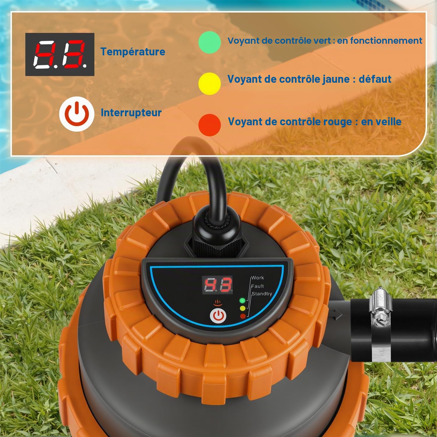 Daromigo Chauffage électrique de piscine 3 kW, Ø 17 x 42 cm, chauffage de piscine électrique, avec numérique, protection contre les fuites, anti-basculement, ignifuge, chauffage jusqu'à 45 °C