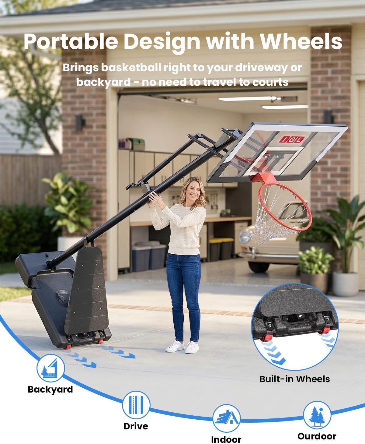 IGL Basketball Hoop Outdoor 40/44/48 Inch, Height Adjustable 5.3-10 FT, Portable Basketball Goal with Shatterproof Backboard for Kids Teens Adults, Backyard Driveway