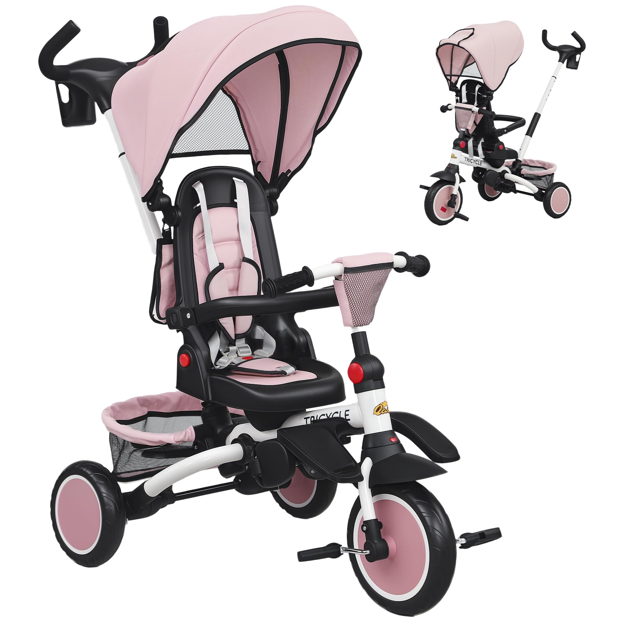 Qaba Toddler Tricycle, 6 in 1 Foldable Kids Trike with Adjustable Push Handle, Removable Canopy, Rotatable Seat, Safety Harness, Detachable Guardrail, for 1-5 Years Old, Pink