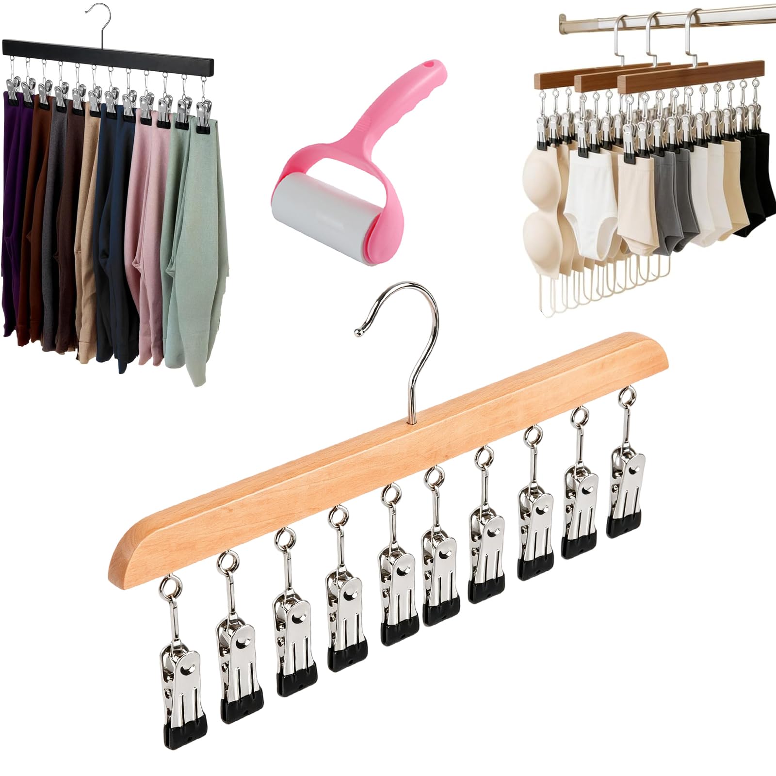 Rotating Closet Organizer, Premium Wooden Rotating Hanger with 10/12 Clips, Space Saving Multi Clip Hanger for Pants Leggings Jeans Socks Hats, 360° Swivel Organizer for Closet (10 Clip A,1)