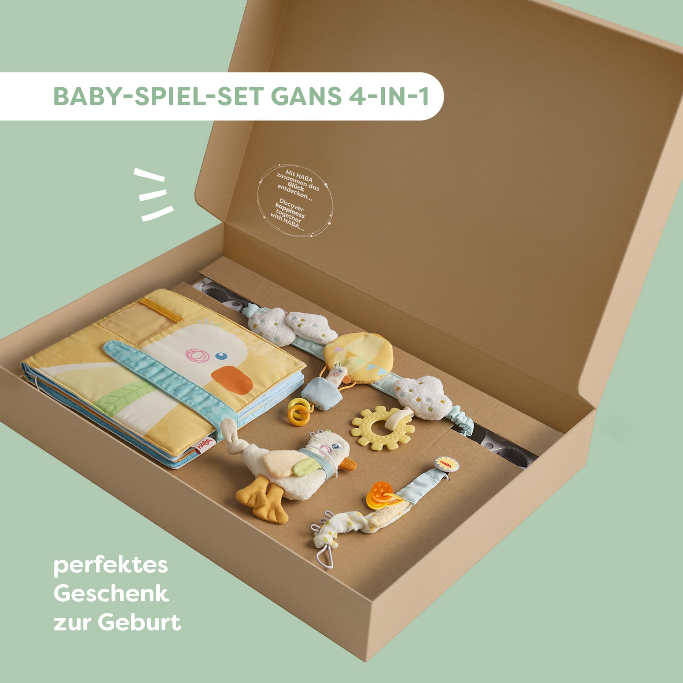 HABA Baby-Spiel-Set Gans – 4-in-1 Erstausstattung & Babygeschenk zur Geburt mit Kinderwagenkette, Schnullerkette, Greifling & Fotoalbum – Motorikspielzeug ab 0 Monate