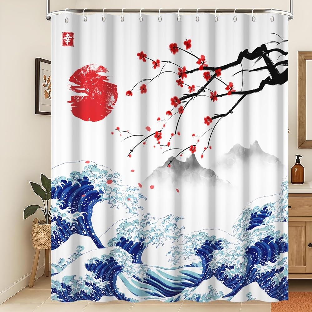 Xiaoterna Traditional Japanese Painting Shower Curtain Kanagawa Great Wave Shower Curtain Red Cherry Flowers and Sun Japanese Mountain Scenery Anti Mould Waterproof Bathroom Curtain 105x160cm โ image 1