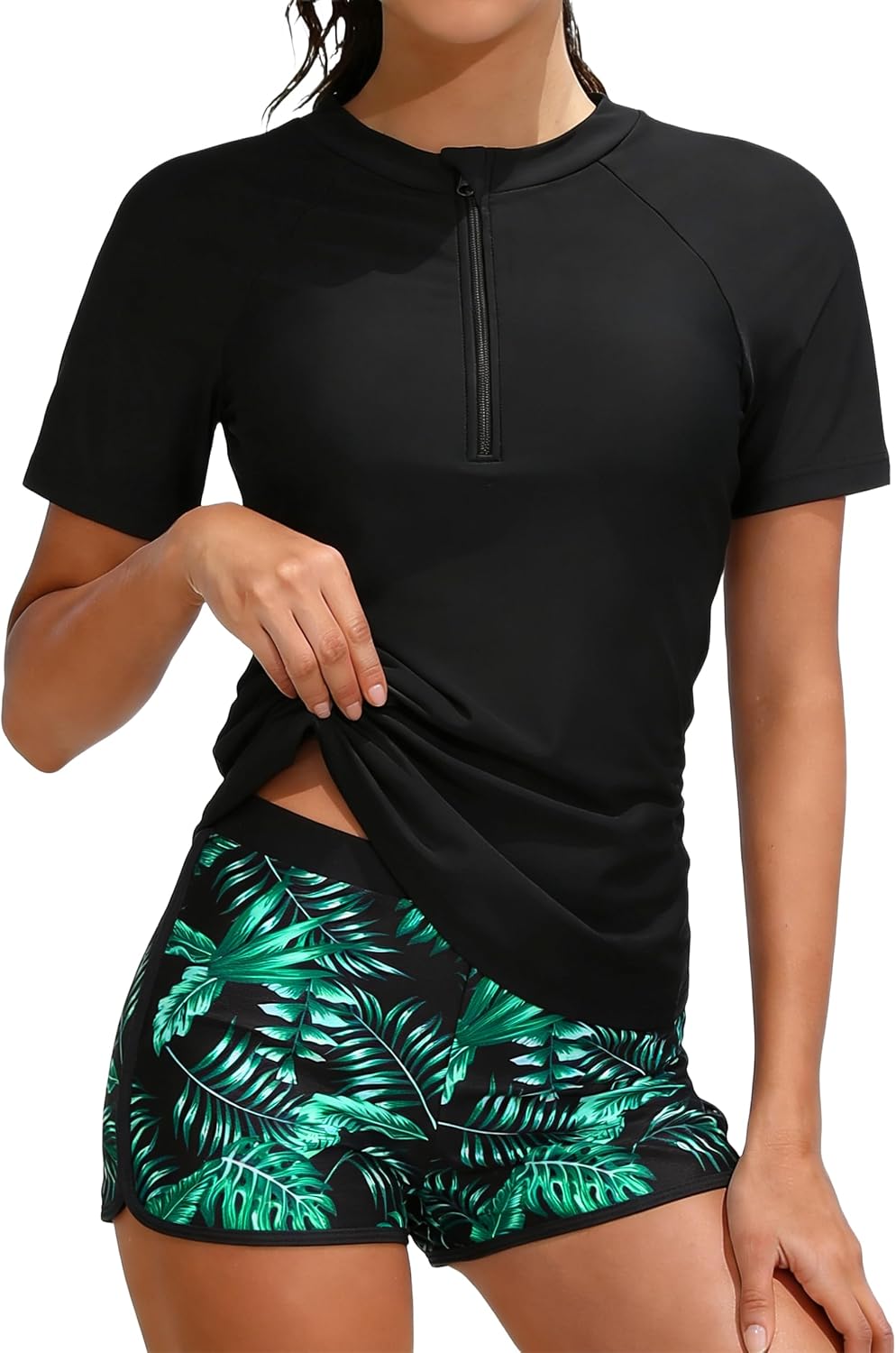 Girls Swimsuit 2 Piece Rash Guard Swimsuit Zip with Tropical Printed Shorts Girls Bathing Suit Size 7-16