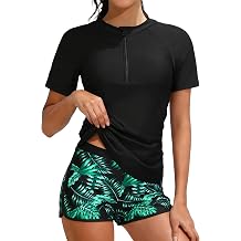 Girls Swimsuit 2 Piece Rash Guard Swimsuit Zip with Tropical Printed Shorts Girls Bathing Suit Size 7-16