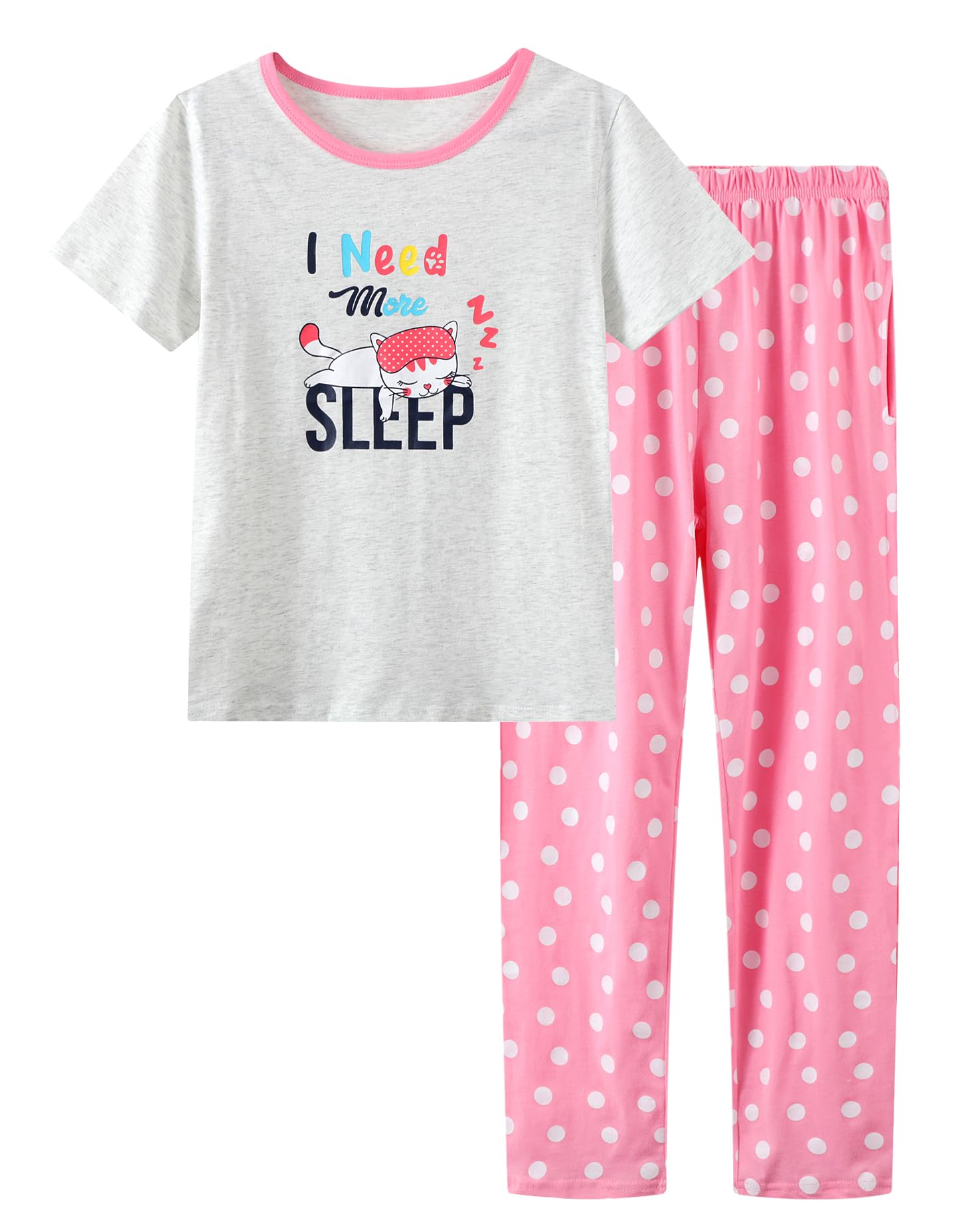 CYCHELRY Big Girls Pajamas Lovely 2PCS Soft Cartoon Short Sleeve with Pants Sleepwear Teens PJS Clothes Size 6-16