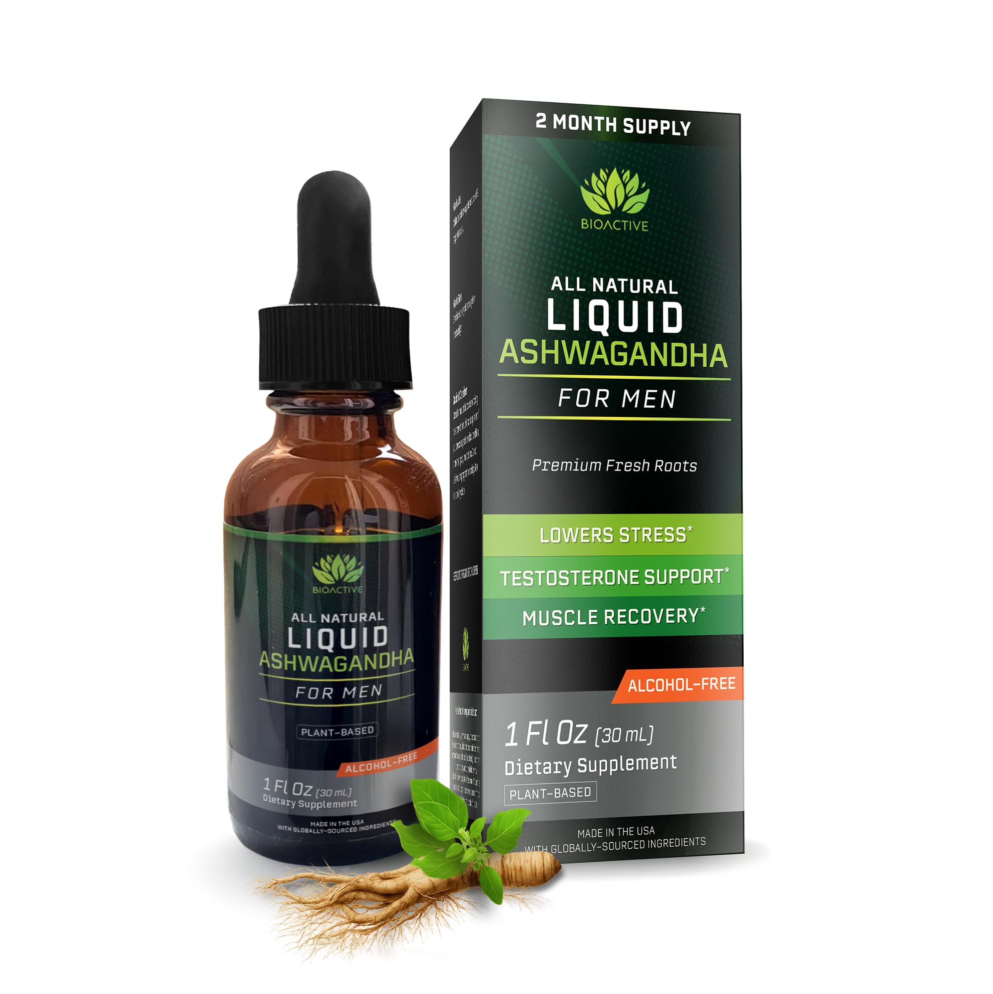 BIOACTIVE Liquid Ashwagandha Drops - Testosterone Health Supplement* - Adaptogen for Stress Support, Mens Wellness - Organic, Herbal, Gluten Free, Non-GMO, 59 Servings (1 Oz, Unflavored) Unflavoured 1 Fl Oz (Pack of 1)