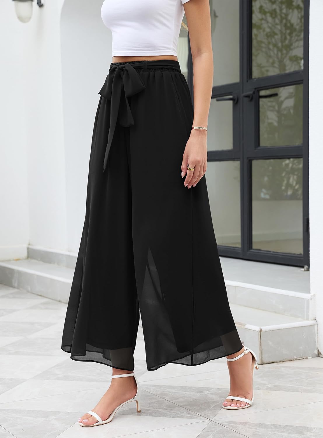 WANGZHI Women's Wide Leg Chiffon Dress Pant Elegant Party Elastic Waist Trouser with Pockets - Image 3