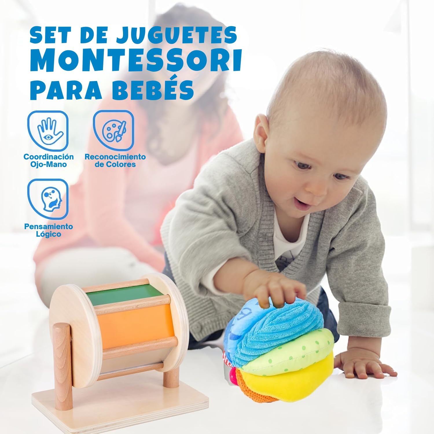 Adena Montessori Juego de juguetes para bebé con espejo Montessori, rompecabezas de botón Peekaboo, tambor giratorio medio y juego de bolas de tela arcoíris para niños de 6 a 12 meses (juego 3)