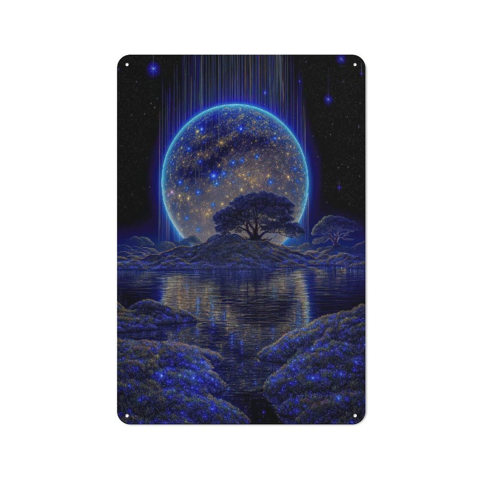 Junmoney Style-17 Metal Sign 30X20cm With Celestial Lake Landscape For Workshop Wall, Vintage Decor, For Vintage Wall Decor Fans, For Metal Sign Collectors