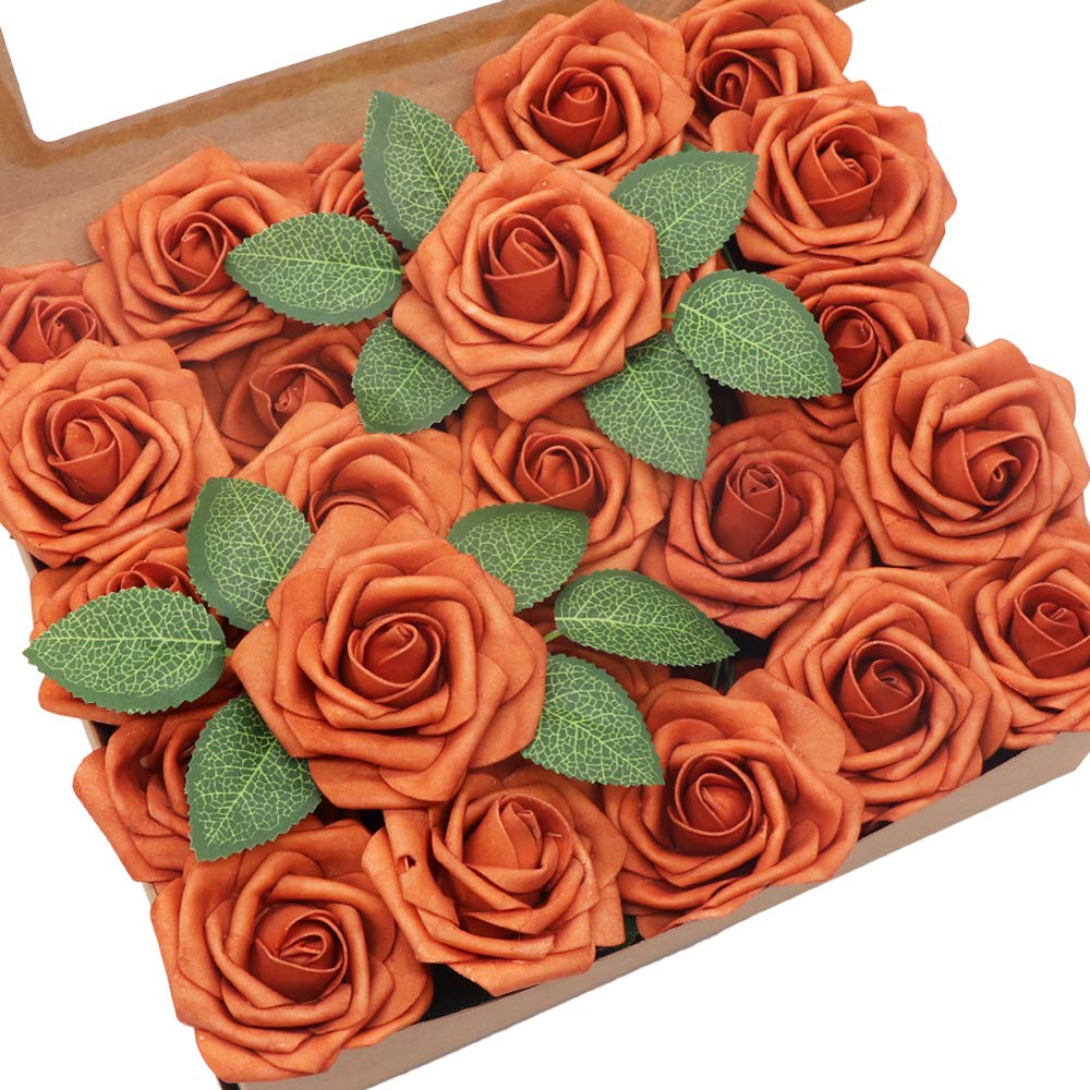 50pcs Artificial Flower，Real Touch Artificial Foam Roses Decoration DIY for Wedding Bridesmaid Bridal Bouquet Centerpieces Party(50, Burnt Orange-boxpack)
