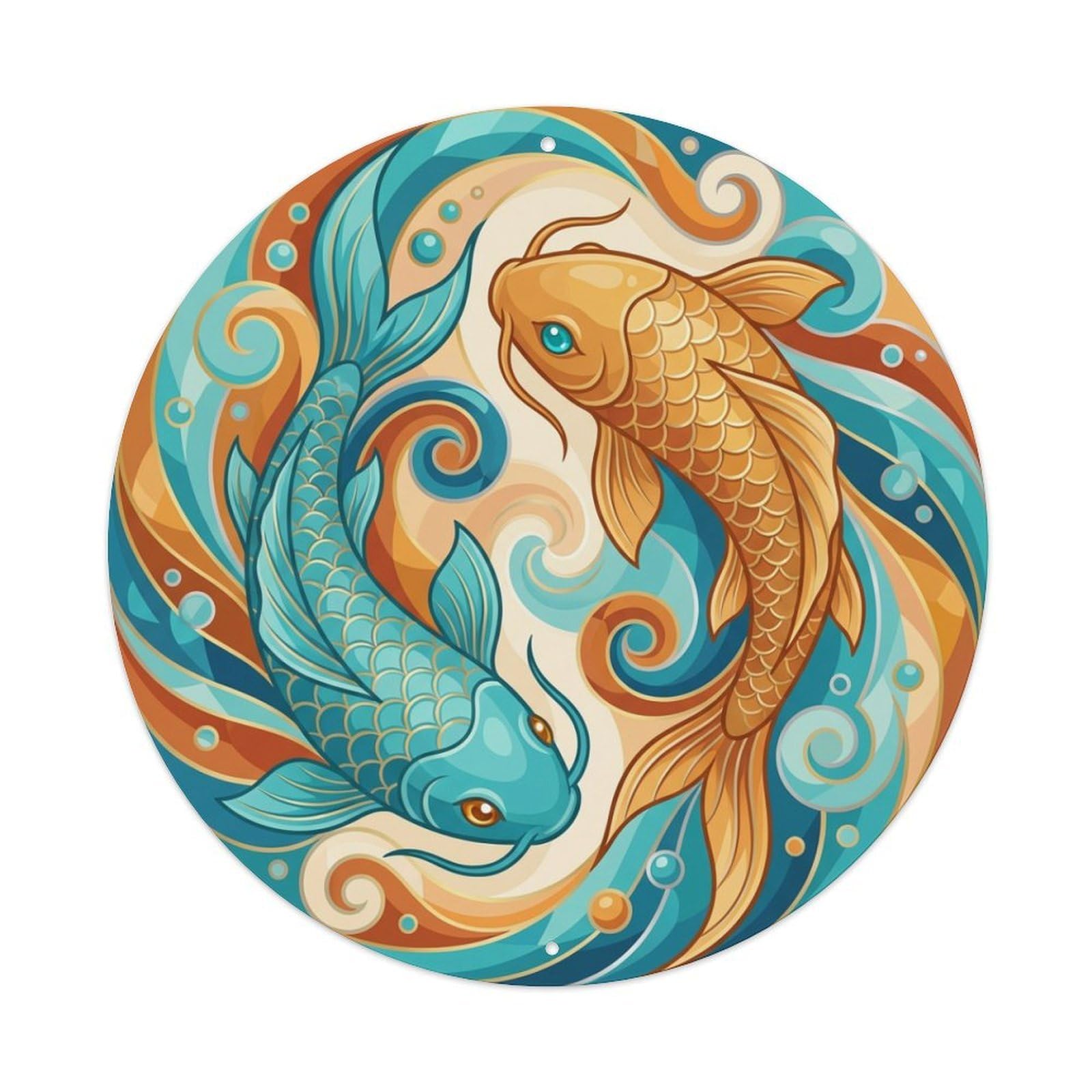 Metal Tin Sign Tai Chi Koi Fish Turquoise Amber