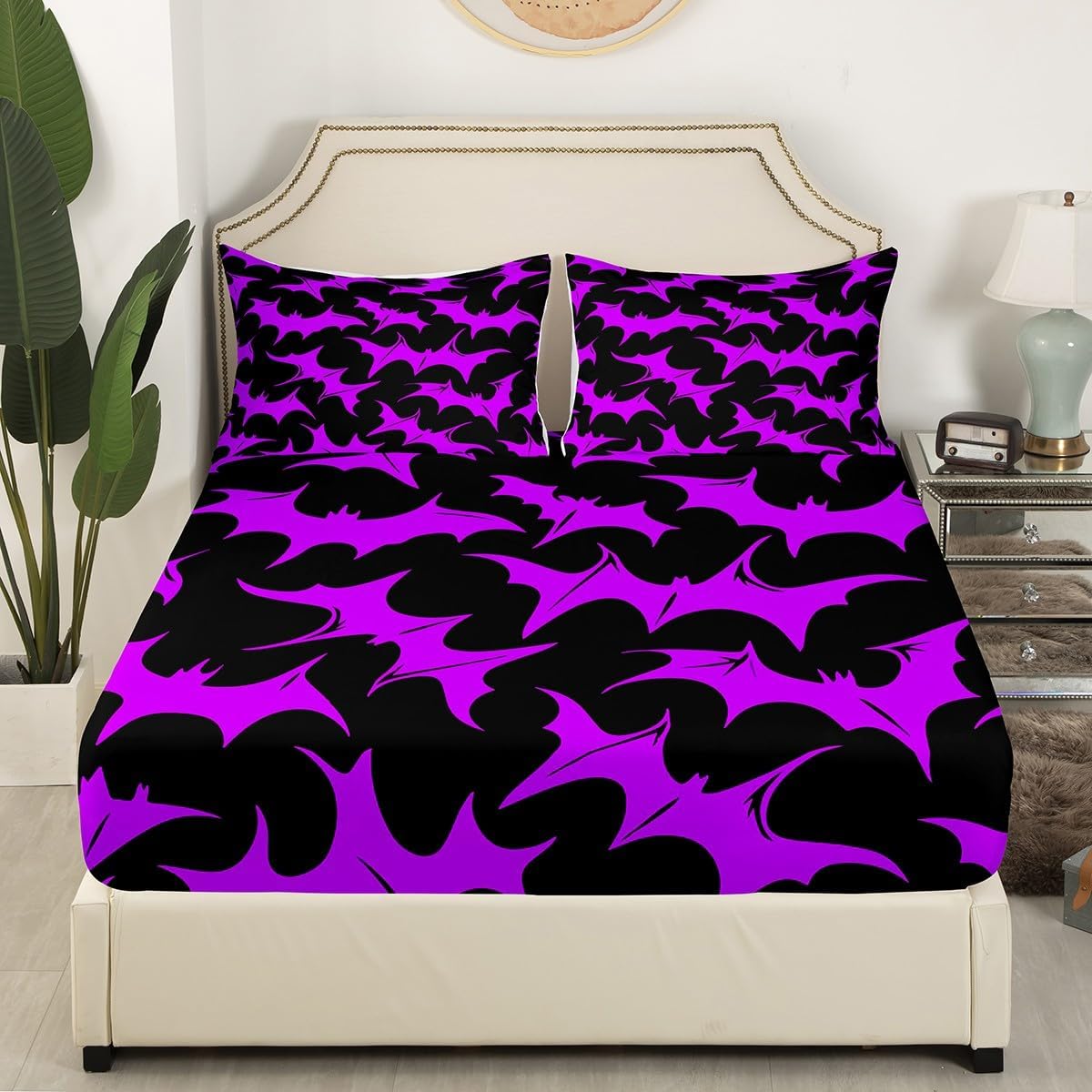 Erosebridal Bats Halloween Decoration - Black Purple Bat House Bed Sheets Fitted Sheet,Horror Animal Gothic Spooky Shadows Pattern Sheet Set King Cartoon Silhouette Halloween Home Decor