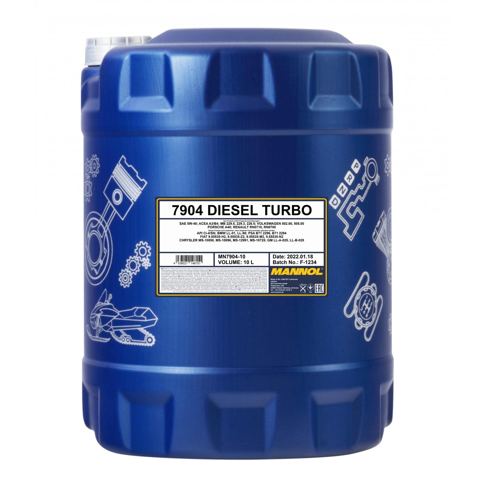 MANNOL Aceite de motor 5W-40 DIESEL TURBO Aceite sintetico ACEA A3/B4 API CI-4 API SN 10L Compatible con VW Polo V Hatchback 6R1, 6C1 up! Hatchback 121, 122, BL1, BL2, BL3, 123, PEUGEOT, TOYOTA